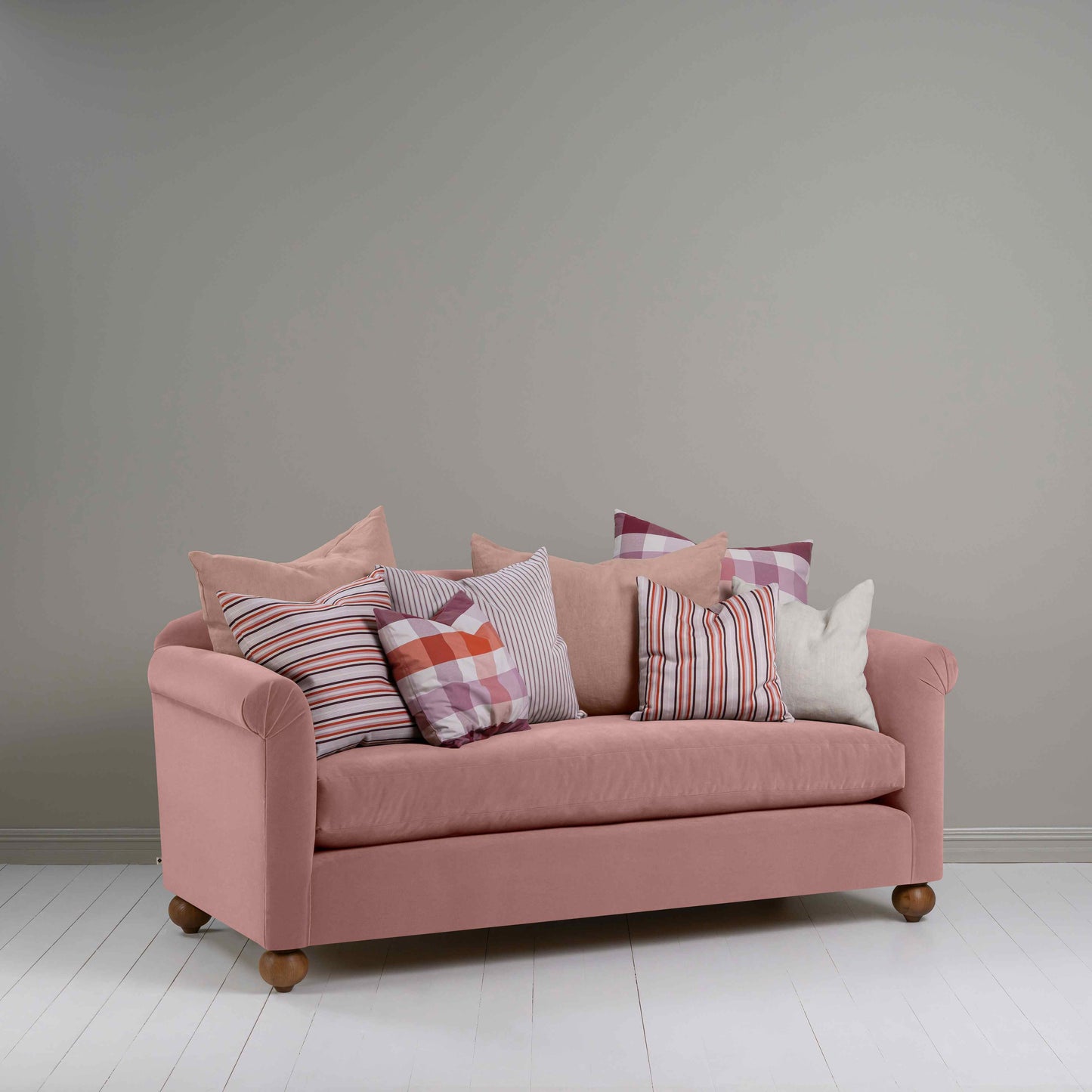 Dolittle 3 Seater Sofa in Intelligent Velvet Rose, With Multiple Cushions - Nicola Harding
