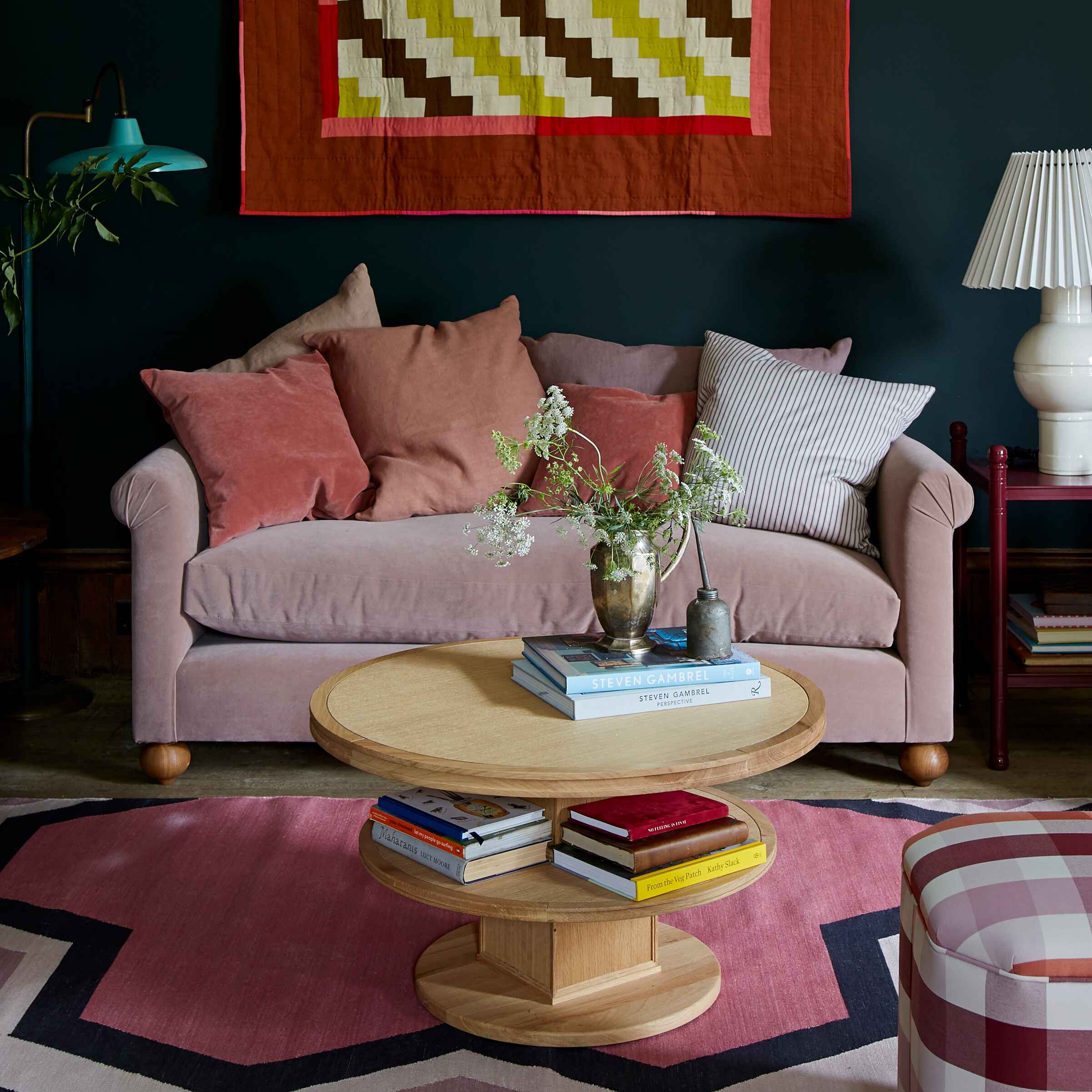  Dolittle 3-Seater Sofa, With NiX Cushions,  A Red Sidetable with a White Table Lamp, And A Natter Coffee Table, Oiled Oak with some Books - Nicola Harding 