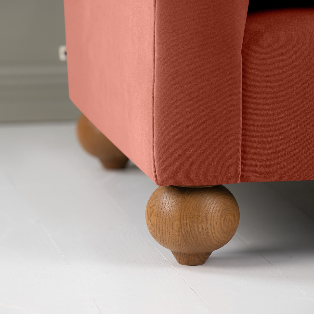  Dolittle 3-Seater Sofa in Intelligent Velvet Sienna, Round Wooden Feet Closeup - Nicola Harding 