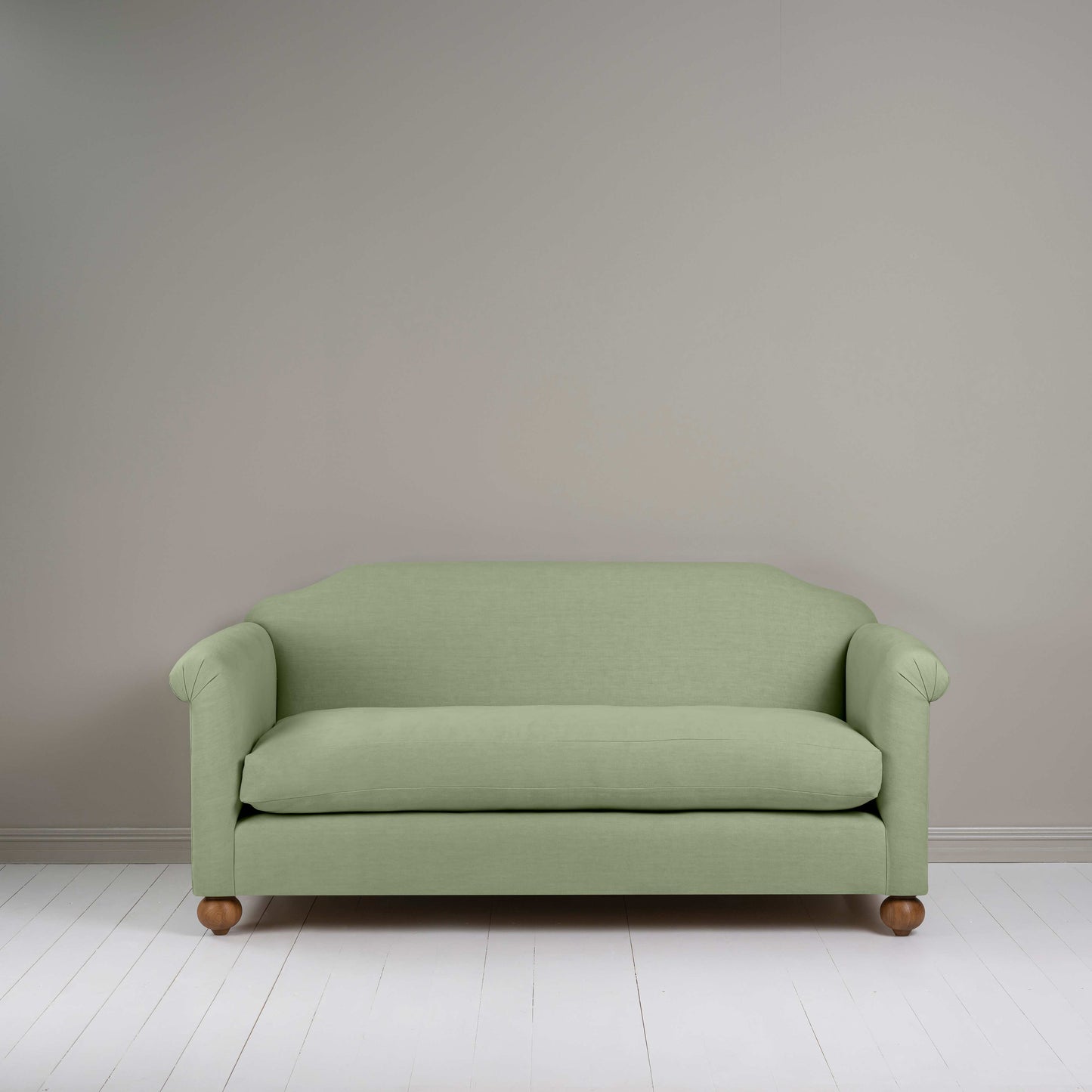 Dolittle 3 Seater Sofa in Laidback Linen Moss, Front View - Nicola Harding