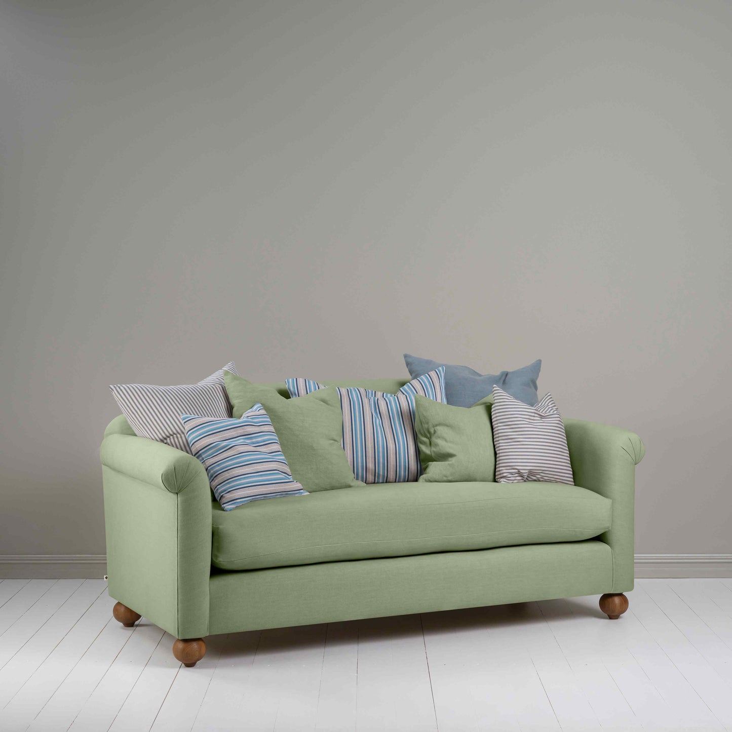 Dolittle 3 Seater Sofa in Laidback Linen Moss, 2 Matching and 5 Other Fabric NiX Cushions - Nicola Harding