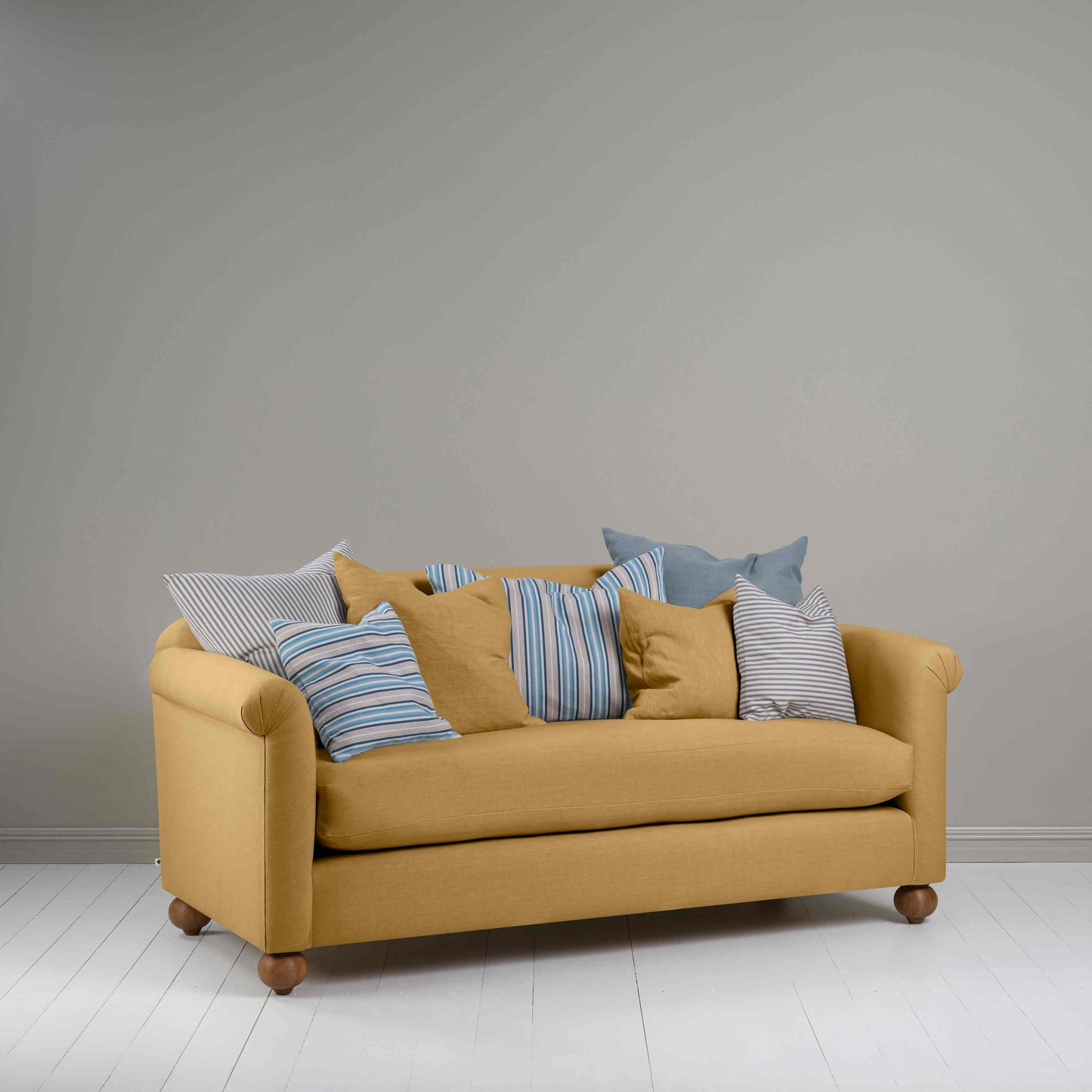 Dolittle 3 Seater Sofa in Laidback Linen Ochre, With Multiple NiX Cushions - Nicola Harding