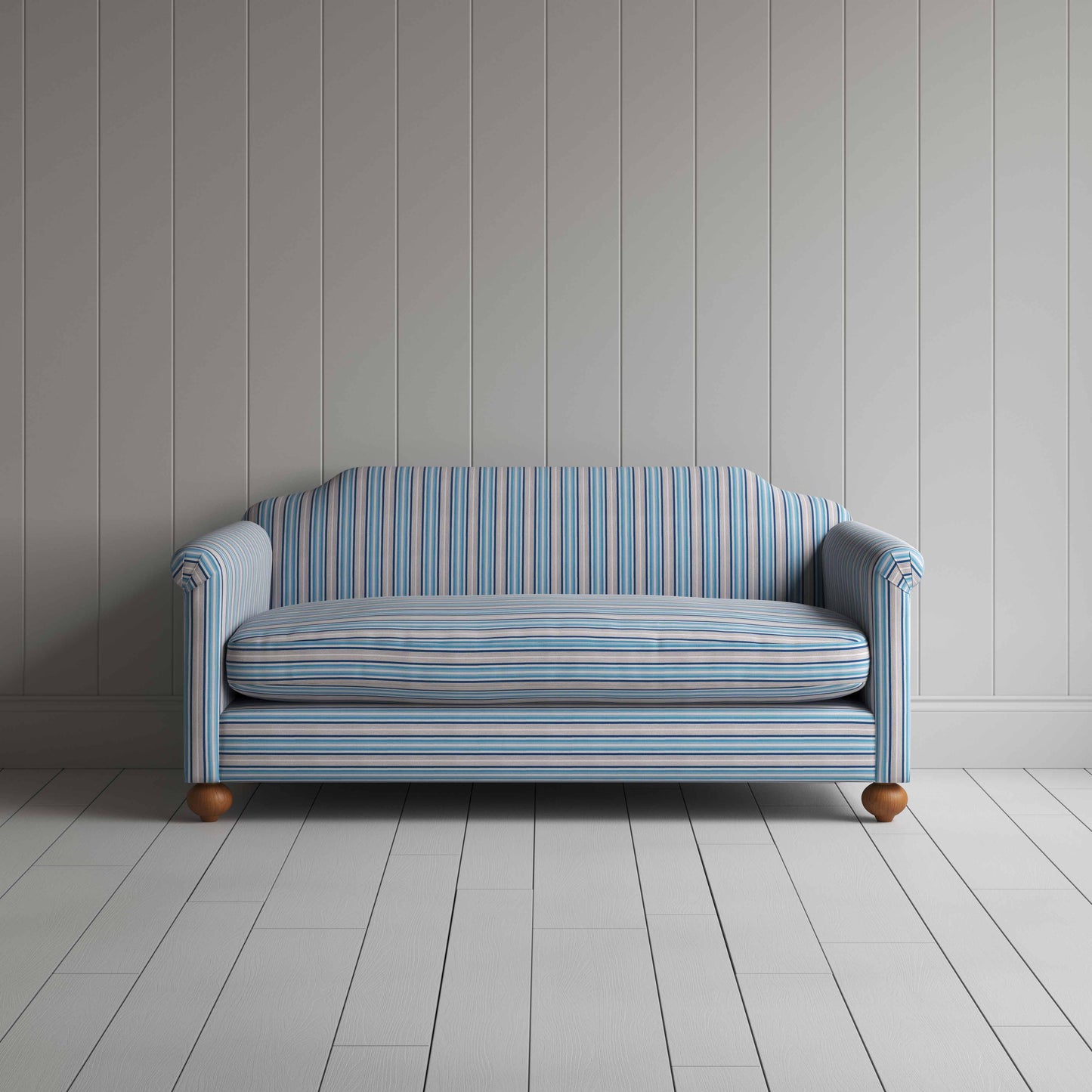 Dolittle 3 Seater Sofa in Slow Lane Cotton Linen, Blue, Front View - Nicola Harding