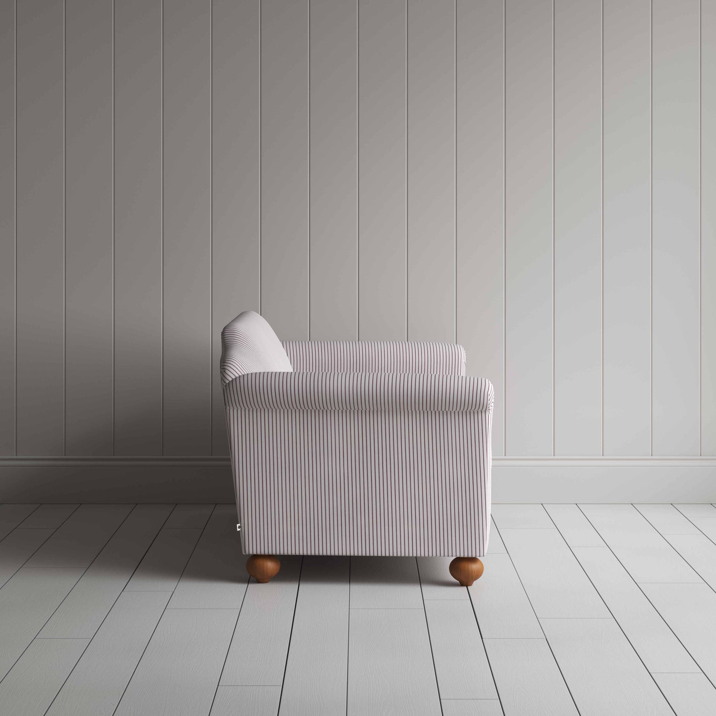 Dolittle 3 Seater Sofa in Ticking Cotton, Berry, Side View - Nicola Harding