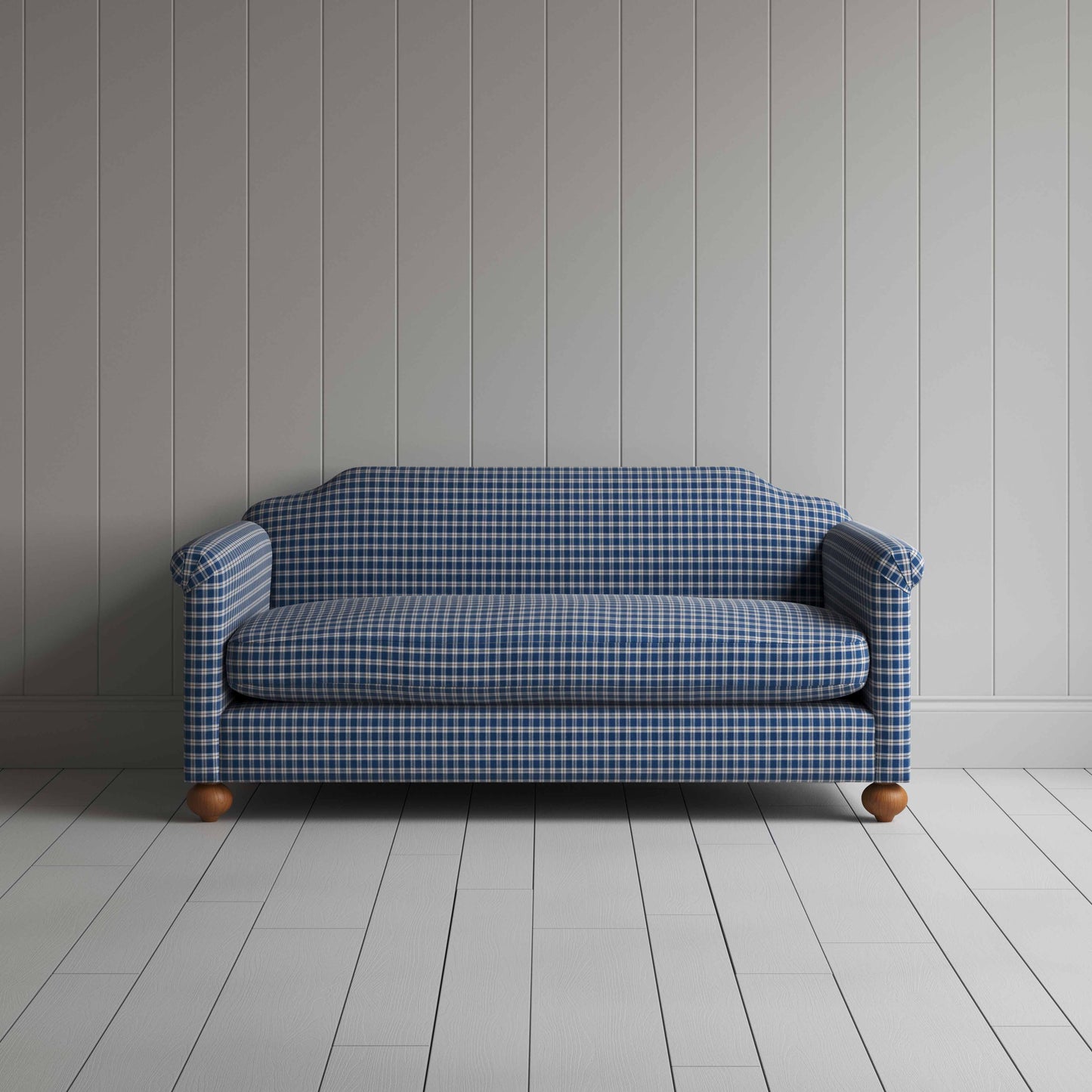 Dolittle 3 Seater Sofa in Well Plaid Cotton, Blue Brown, Front View - Nicola Harding