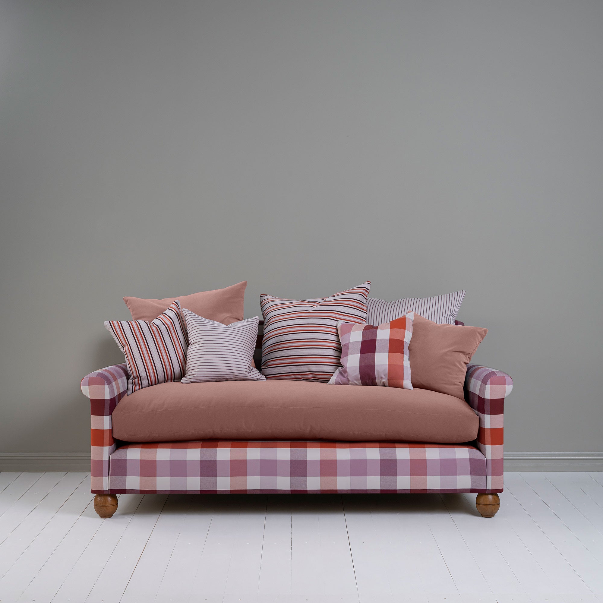  Idler 3 Seater Sofa in Checkmate Cotton Berry Frame and Intelligent Velvet Rose Seat 