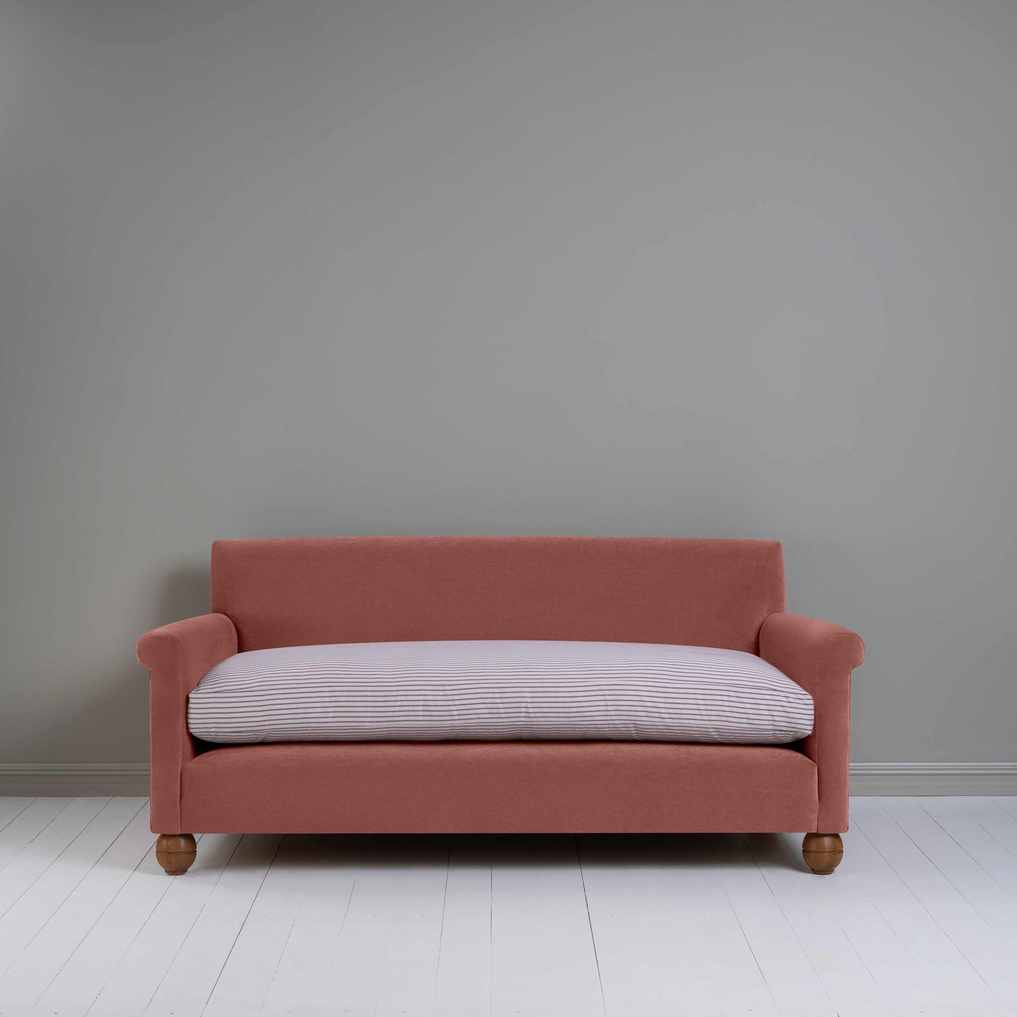 Idler 3 Seater Sofa in Intelligent Velvet Damson Frame and Ticking Cotton Berry Seat - Nicola Harding