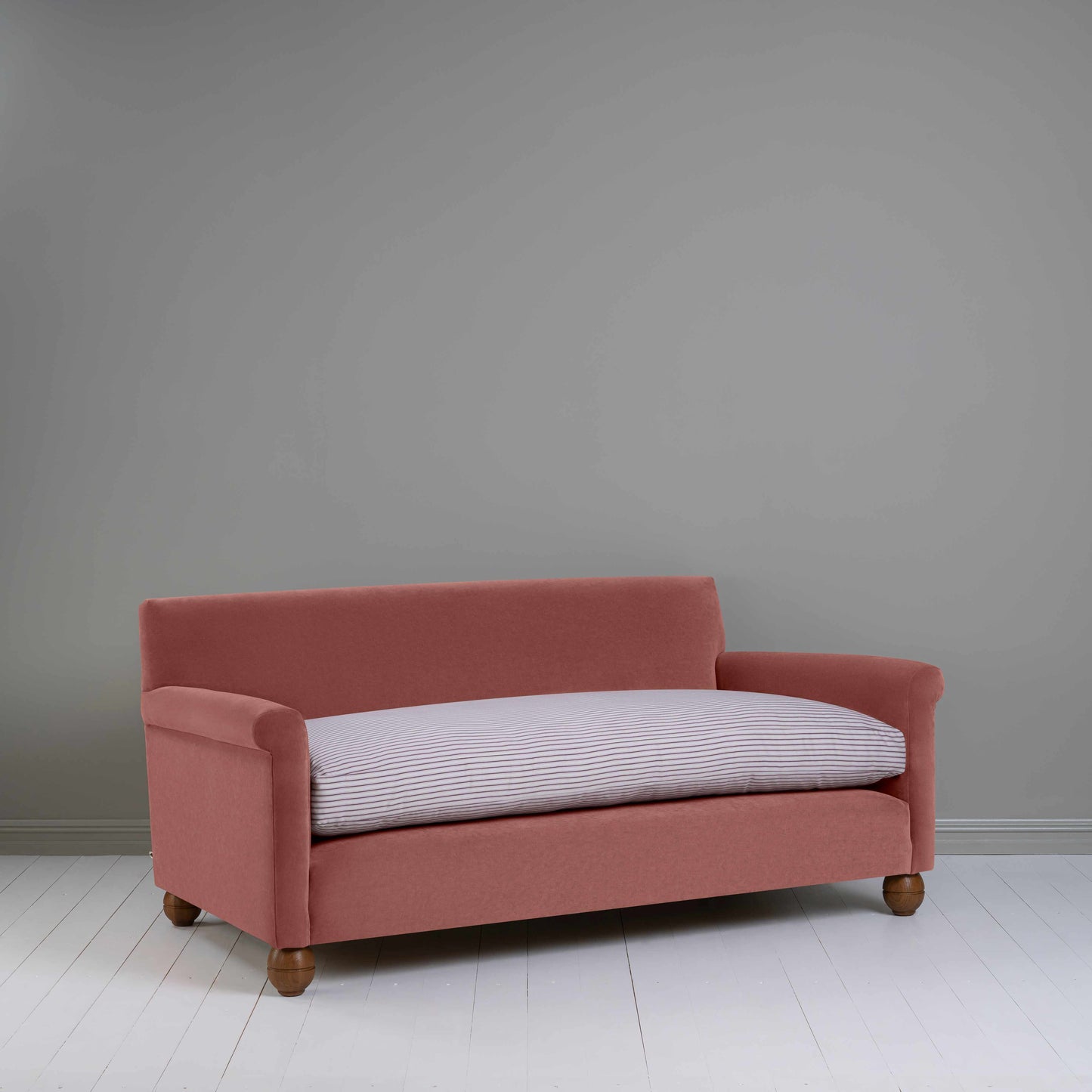 Idler 3 Seater Sofa in Intelligent Velvet Damson Frame and Ticking Cotton Berry Seat - Nicola Harding