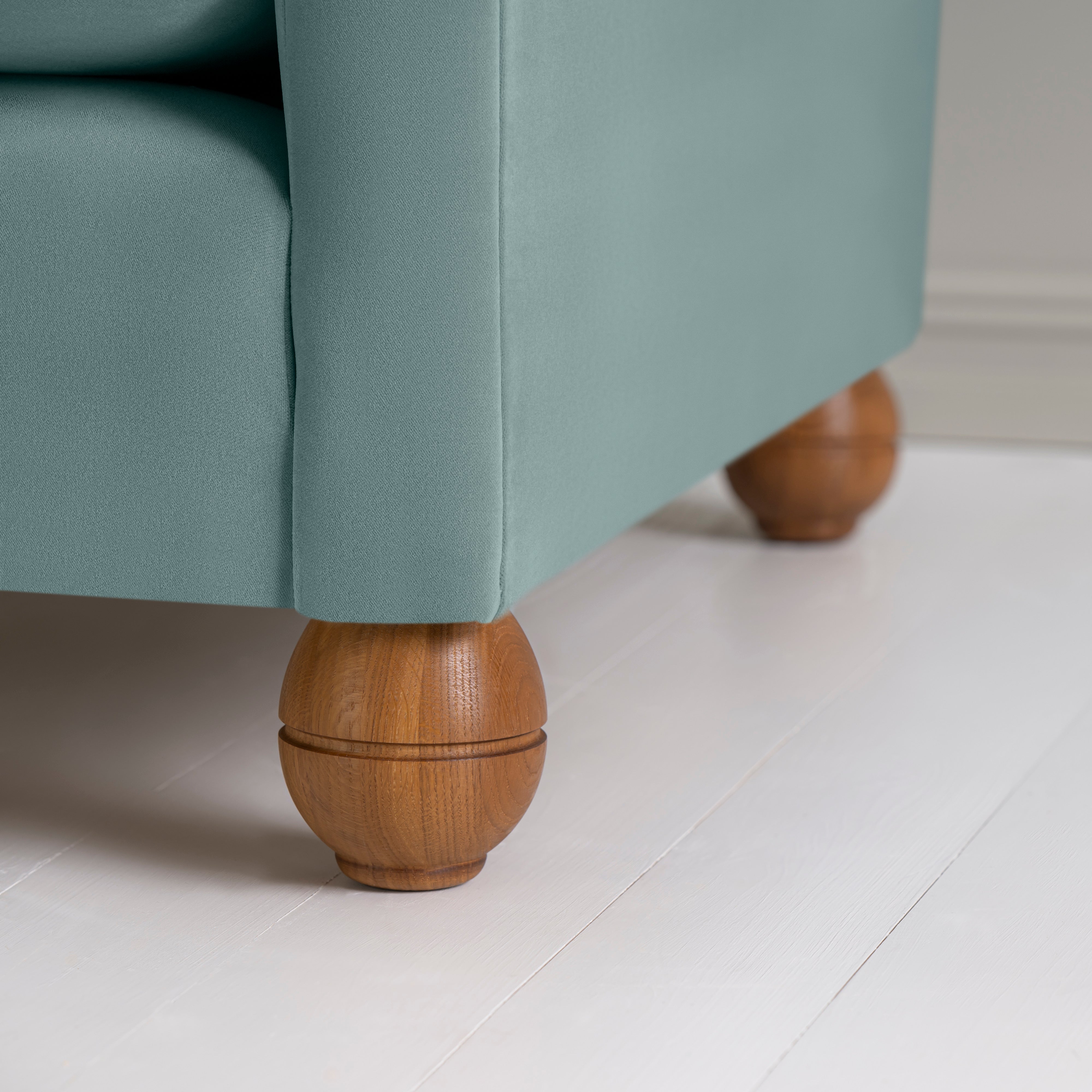  Round Wooden Foot Closeup of 3 Seater Sofa in Light Blue(Mineral) Velvet 