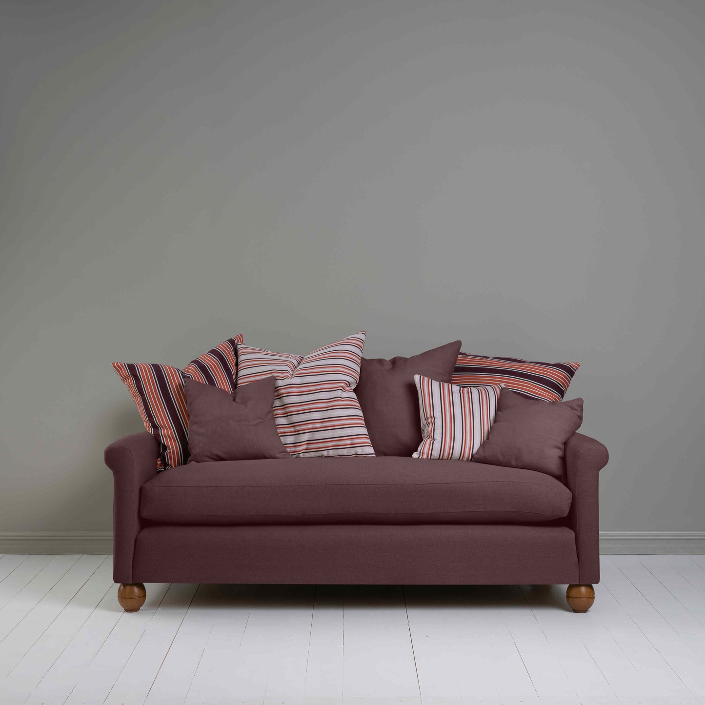 Front View of 3 Seater Sofa in Purple(Damson) Color With Cushions - NiX