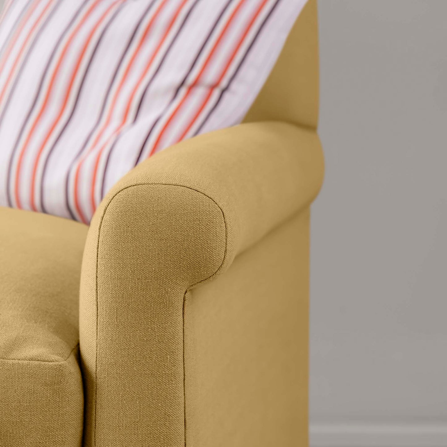 Arm Design Closeup of 4 seater sofa in Laidback Linen Ochre - Nicola Harding & Co.