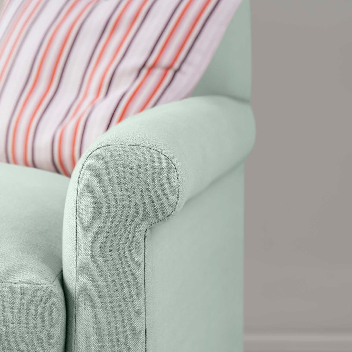 Arm Design Closeup of 4 seater sofa in Laidback Linen Sky - Nicola Harding & Co.