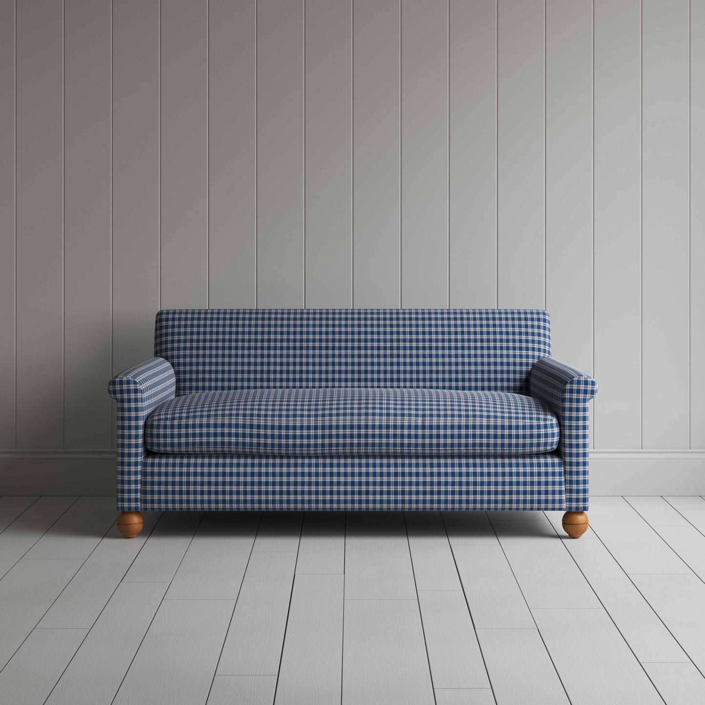 Idler 3 Seater Sofa in Well Plaid Cotton, Blue Brown - Nicola Harding