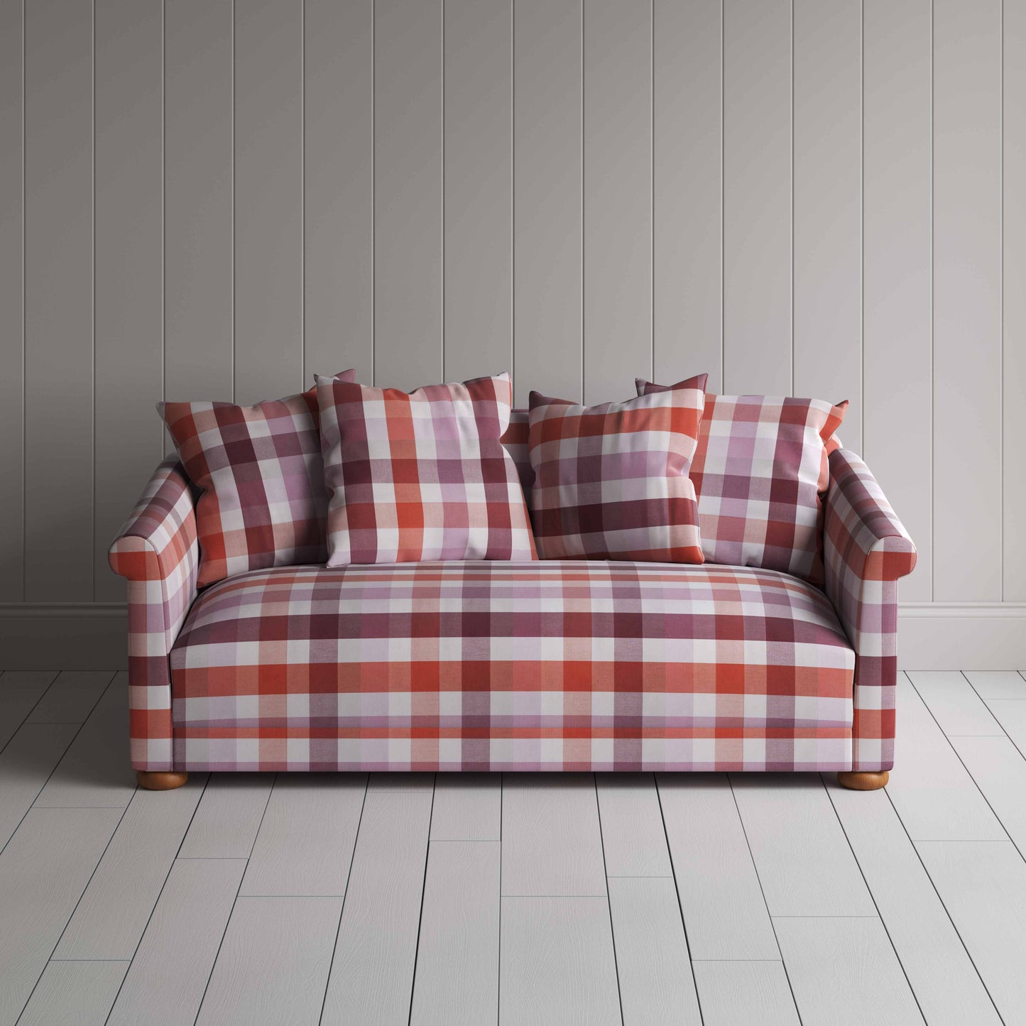 More the Merrier 3 Seater Sofa in Checkmate Cotton, Berry - Nicola Harding