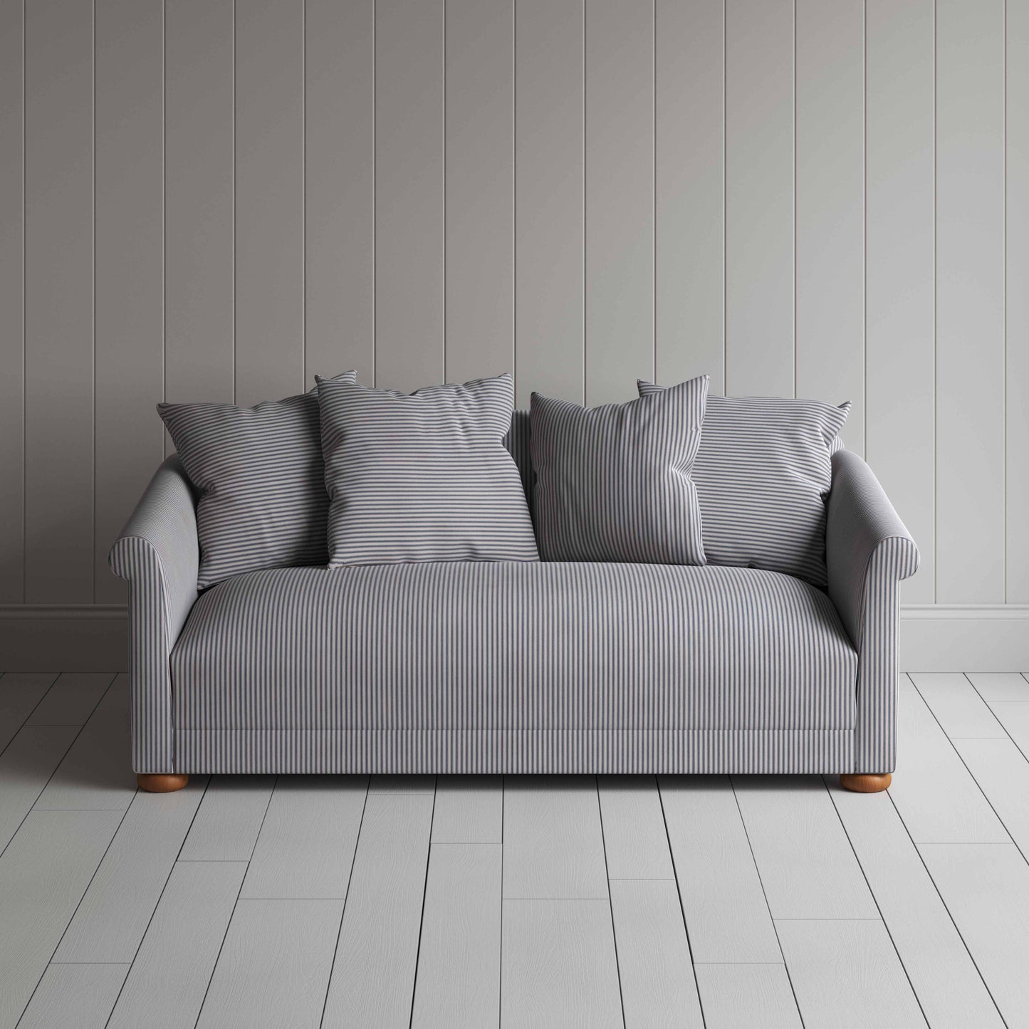 More the Merrier 3 Seater Sofa in Ticking Cotton, Blue Brown - Nicola Harding