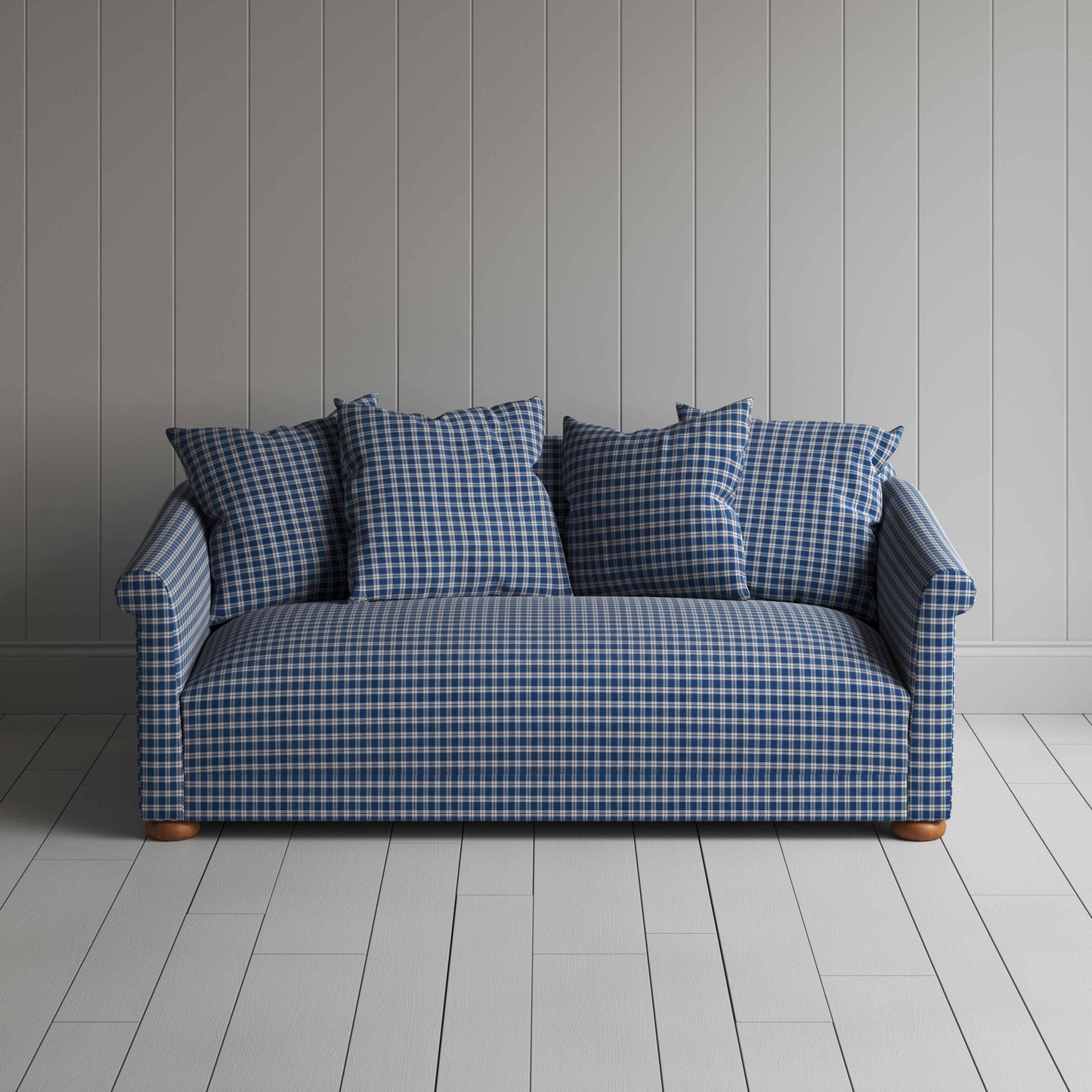 More the Merrier 3 Seater Sofa in Well Plaid Cotton, Blue Brown - Nicola Harding