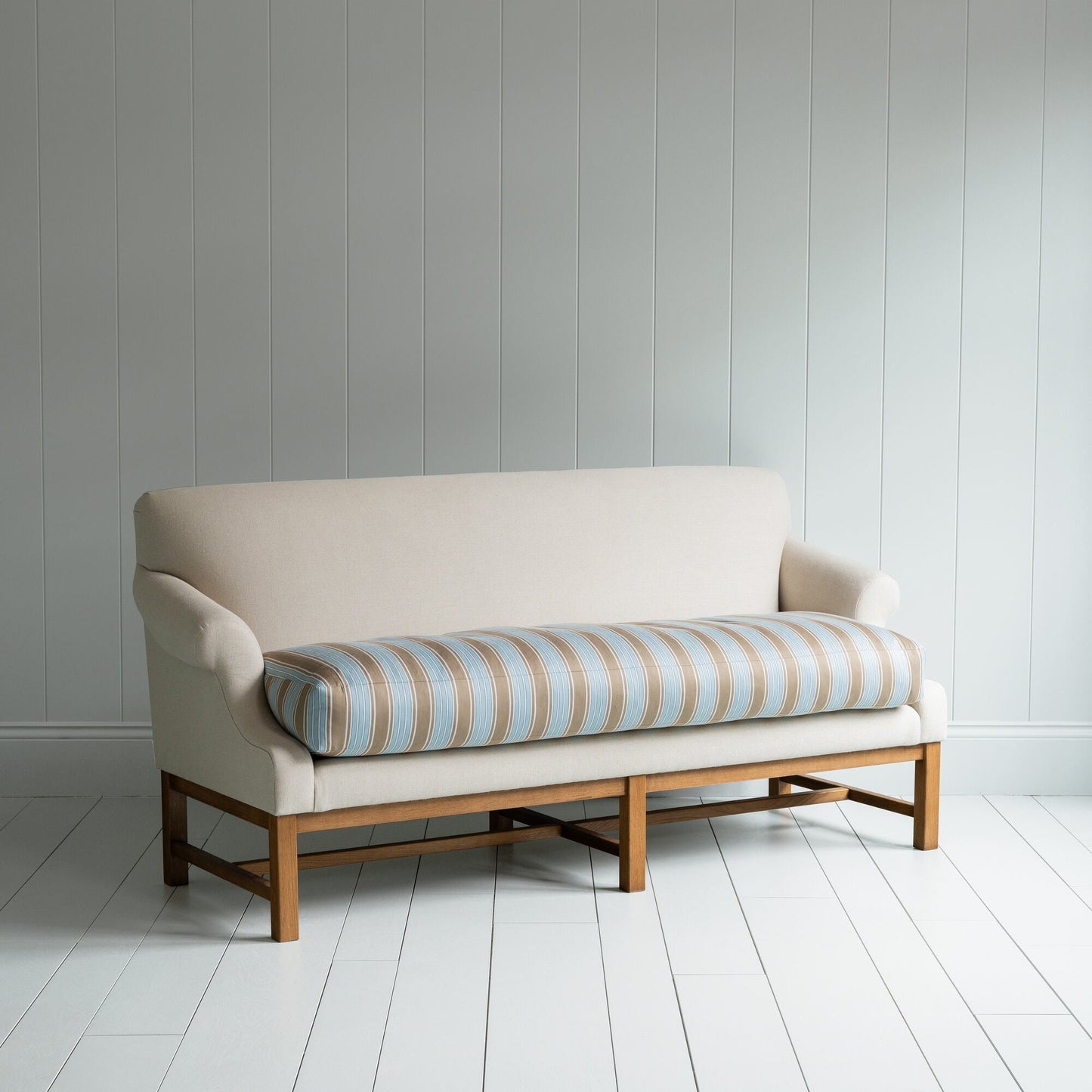 Front Row 3 Seater Upholstered Bench in Laidback Linen Dove Frame and Regatta Cotton Blue Seat - By Nicola Harding & Co.