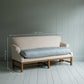 Front Row 3 Seater Upholstered Bench in Laidback Linen Dove Frame and Slow Lane Cotton Linen Blue Seat - Nicola Harding