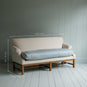  Front Row 3 Seater Upholstered Bench in Laidback Linen Dove Frame and Slow Lane Cotton Linen Blue Seat - Nicola Harding 
