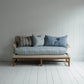 Front Row 3 Seater Upholstered Bench in Laidback Linen Dove Frame and Slow Lane Cotton Linen Blue Seat