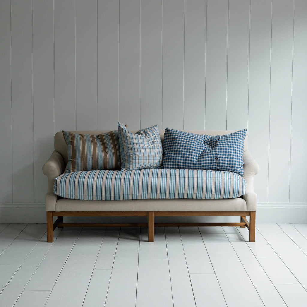  Front Row 3 Seater Upholstered Bench in Laidback Linen Dove Frame and Slow Lane Cotton Linen Blue Seat 