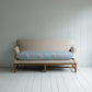 Front Row 3 Seater Upholstered Bench in Laidback Linen Dove Frame and Slow Lane Cotton Linen Blue Seat