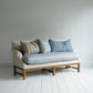 Front Row 3 Seater Upholstered Bench in Laidback Linen Dove Frame and Slow Lane Cotton Linen Blue Seat