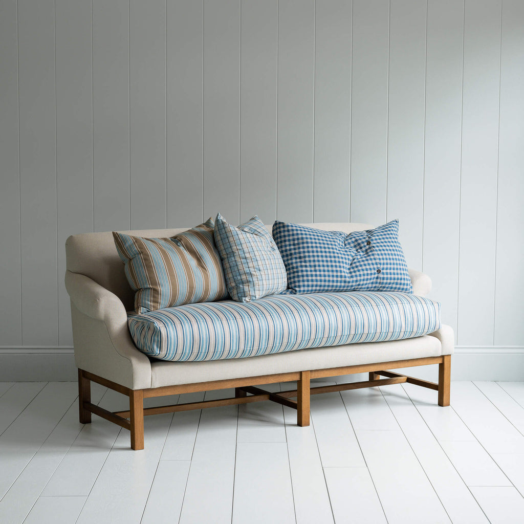  Front Row 3 Seater Upholstered Bench in Laidback Linen Dove Frame and Slow Lane Cotton Linen Blue Seat 