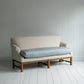 Front Row 3 Seater Upholstered Bench in Laidback Linen Dove Frame and Slow Lane Cotton Linen Blue Seat