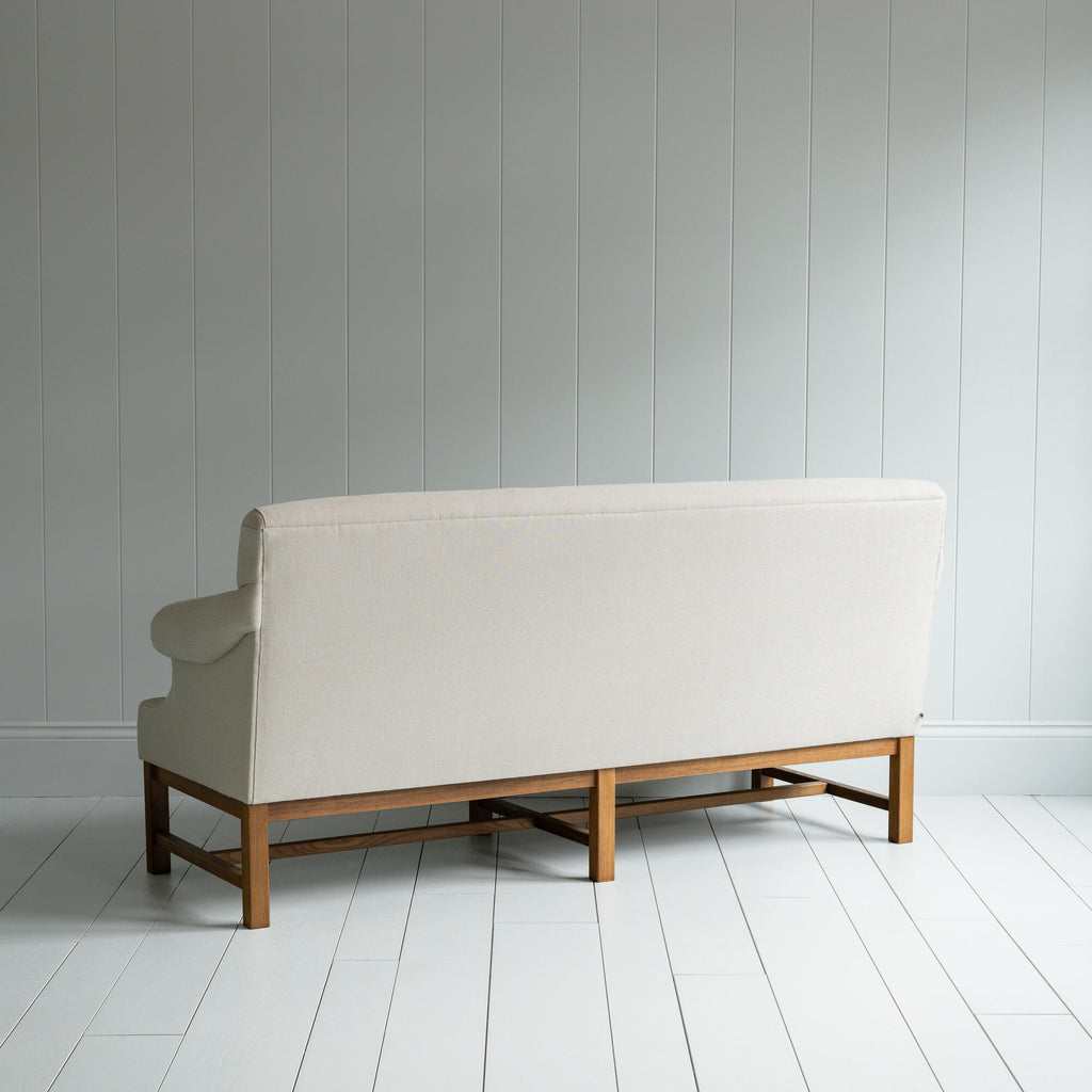  Front Row 3 Seater Upholstered Bench in Laidback Linen Dove Frame and Slow Lane Cotton Linen Blue Seat 