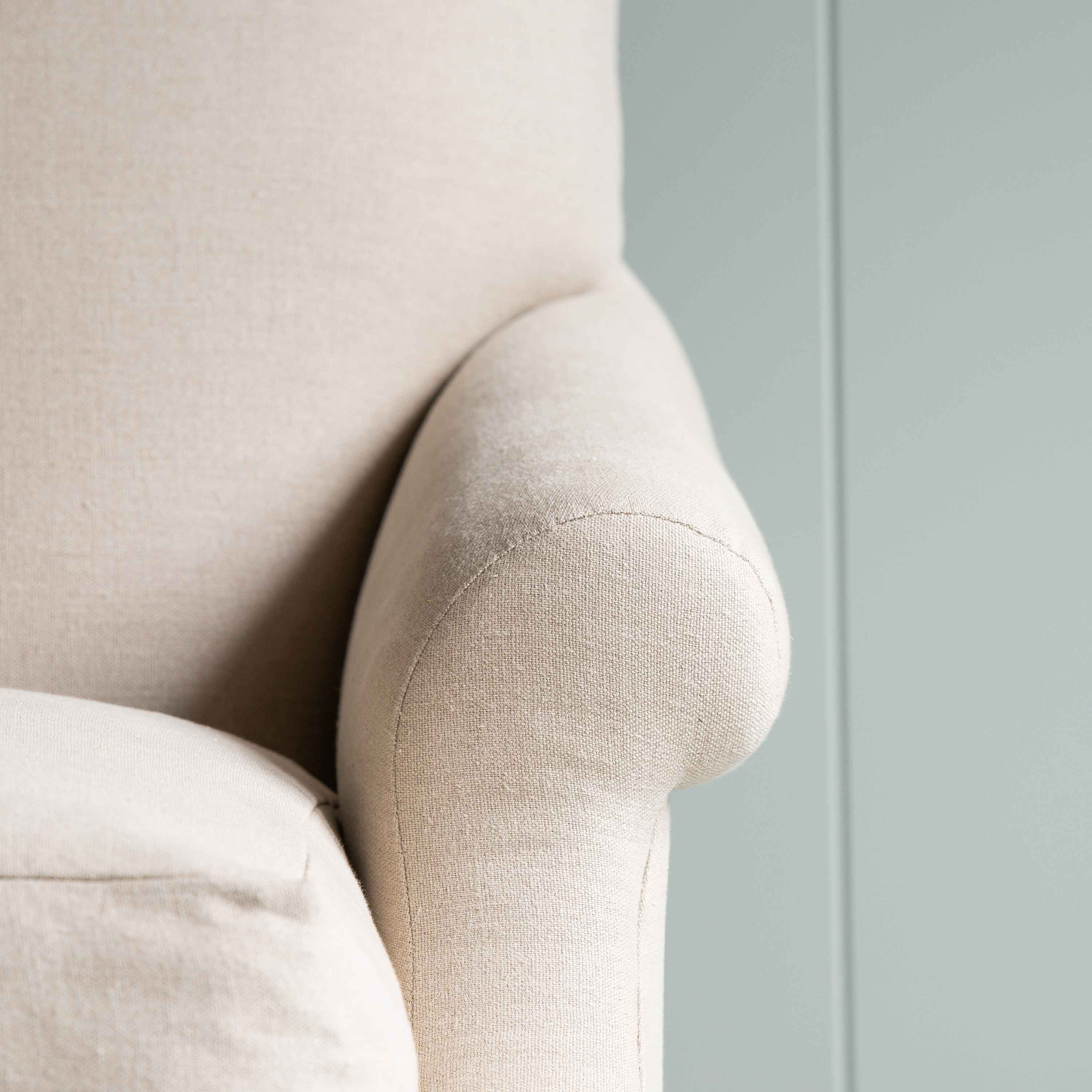  Front Row 3 Seater Upholstered Bench in Laidback Linen Dove Frame and Ticking Cotton Blue Brown Seat - Nicola Harding 