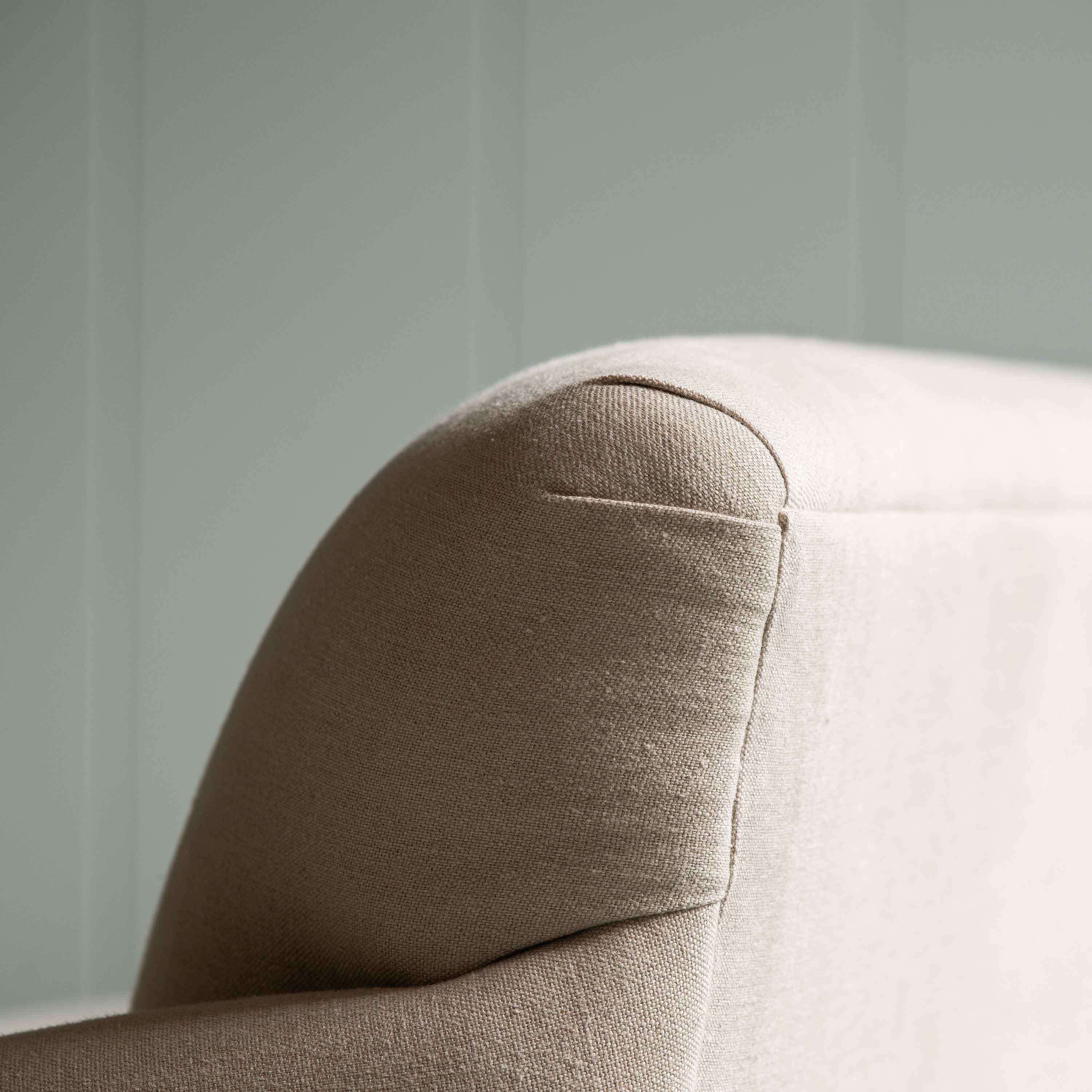  Front Row 3 Seater Upholstered Bench in Laidback Linen Dove Frame and Ticking Cotton Blue Brown Seat - Nicola Harding 