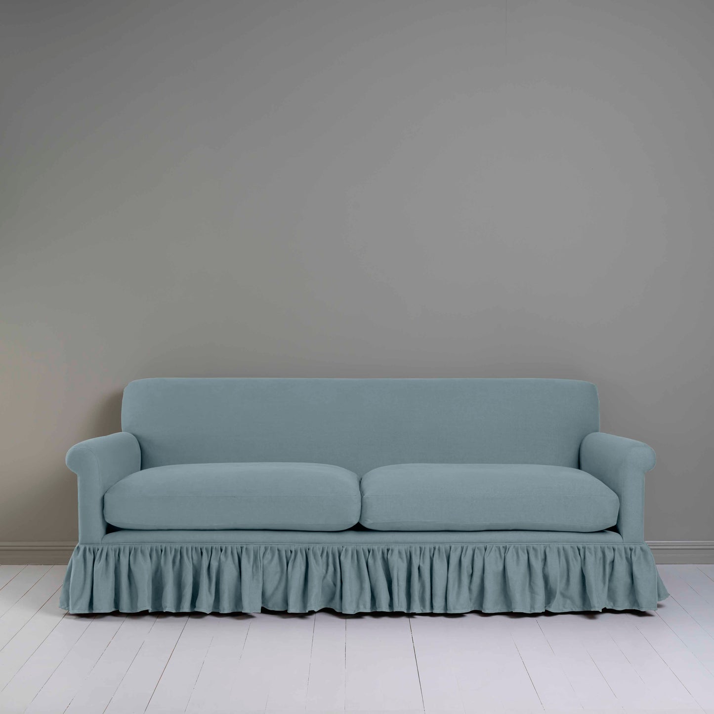 Curtain Call 4 Seater Sofa in Laidback Linen Cerulean, Front View - Nicola Harding