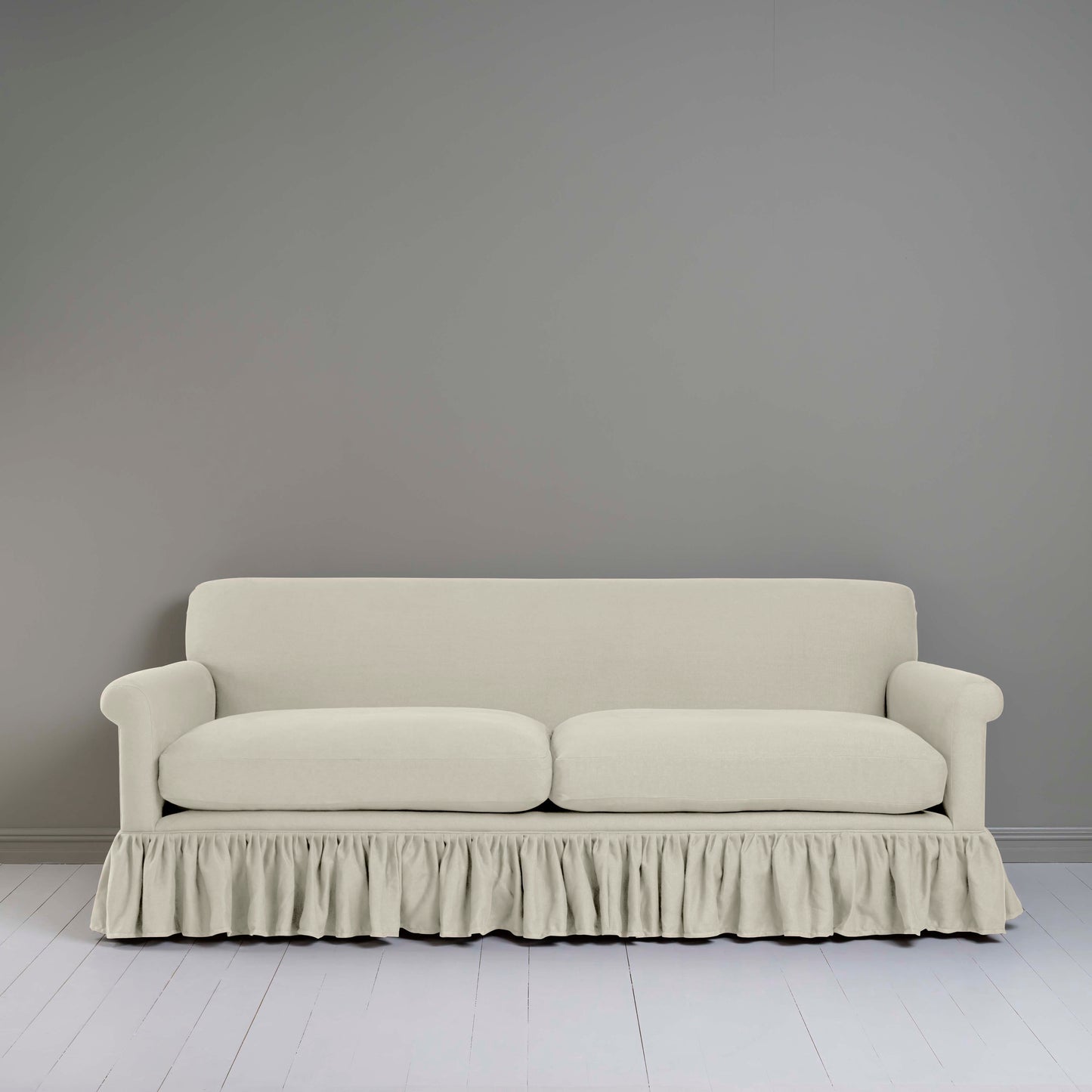 Curtain Call 4 Seater Sofa in Laidback Linen Dove, Front View - Nicola Harding