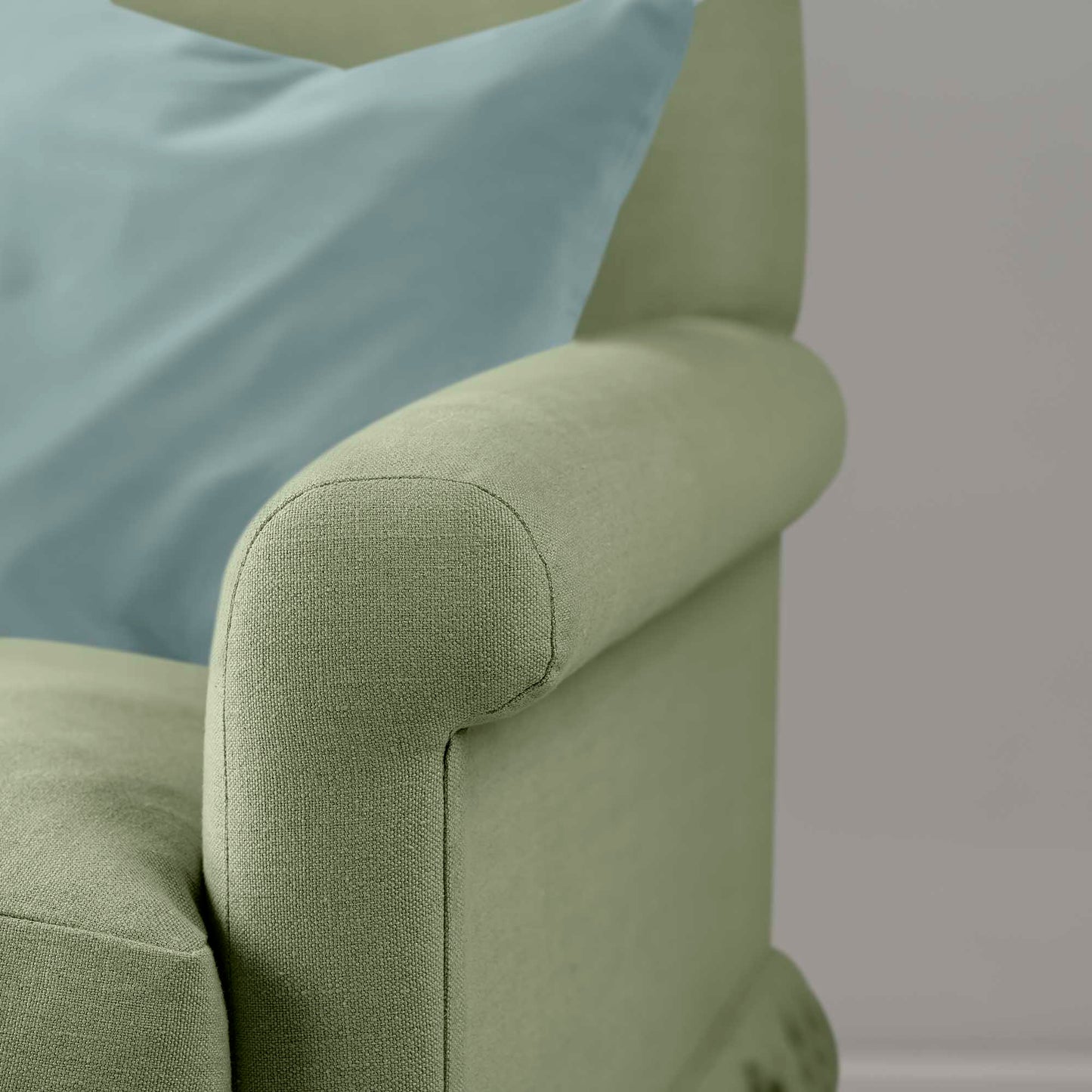 Arm Design Closeup of 4 Seater Sofa in Laidback Linen Moss - Nicola Harding