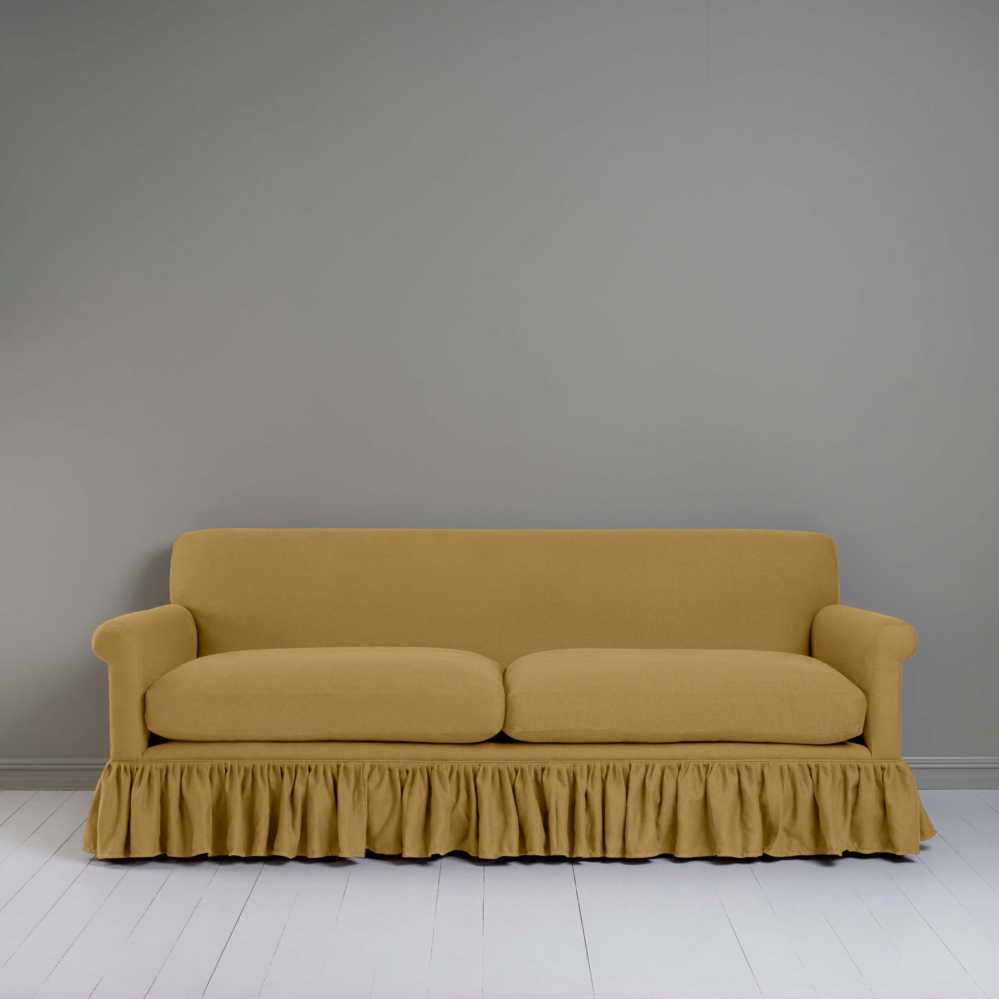 Curtain Call 4 Seater Sofa in Laidback Linen Ochre, Front View - Nicola Harding
