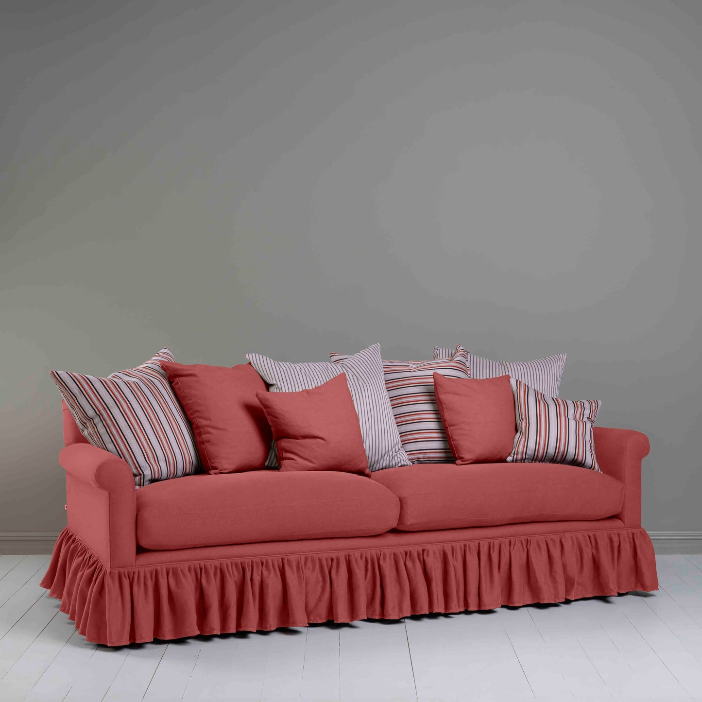 Curtain Call 4 Seater Sofa in Laidback Linen Rouge, With Multiple Cushions - Nicola Harding