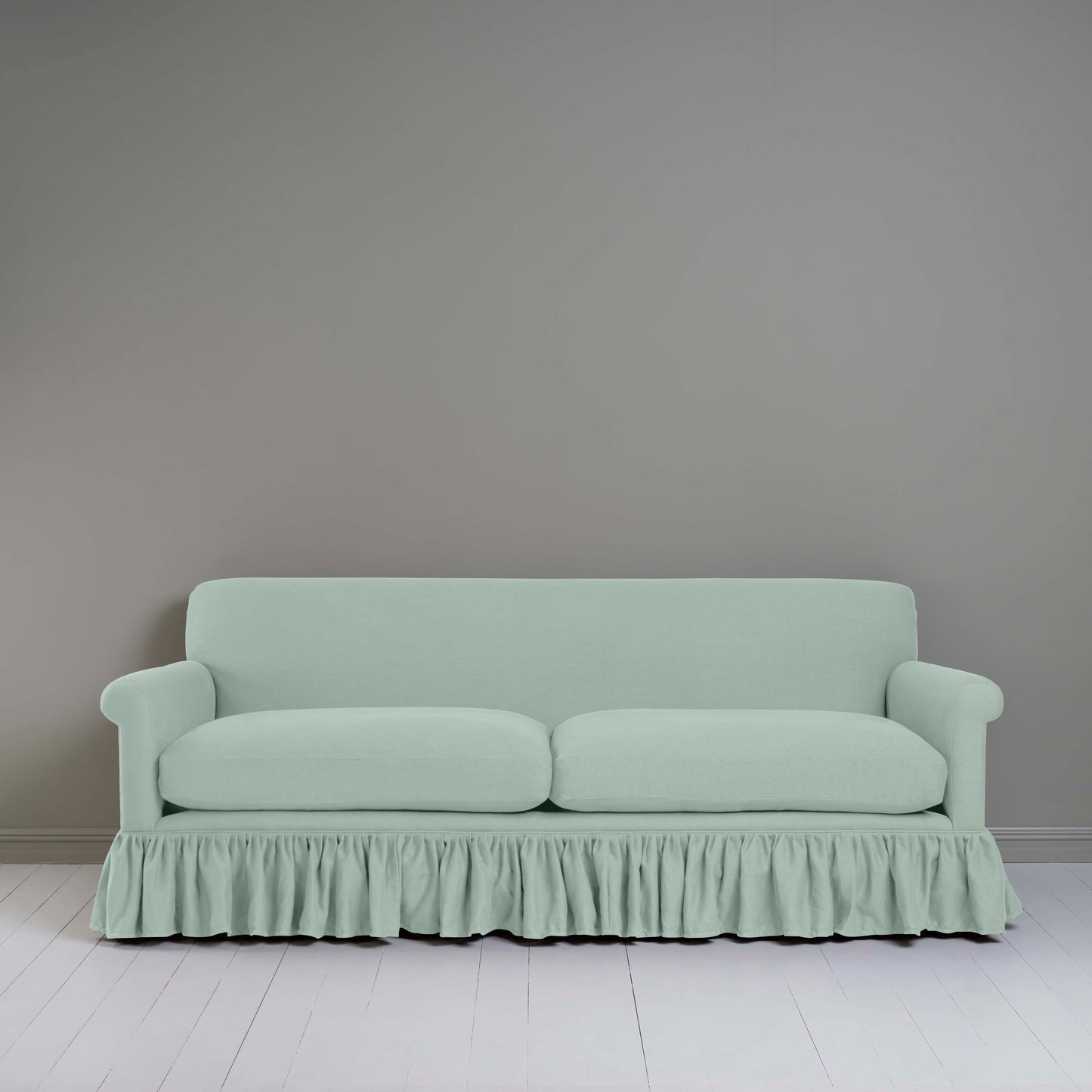Curtain Call 4 Seater Sofa in Laidback Linen Sky, Front View - Nicola Harding