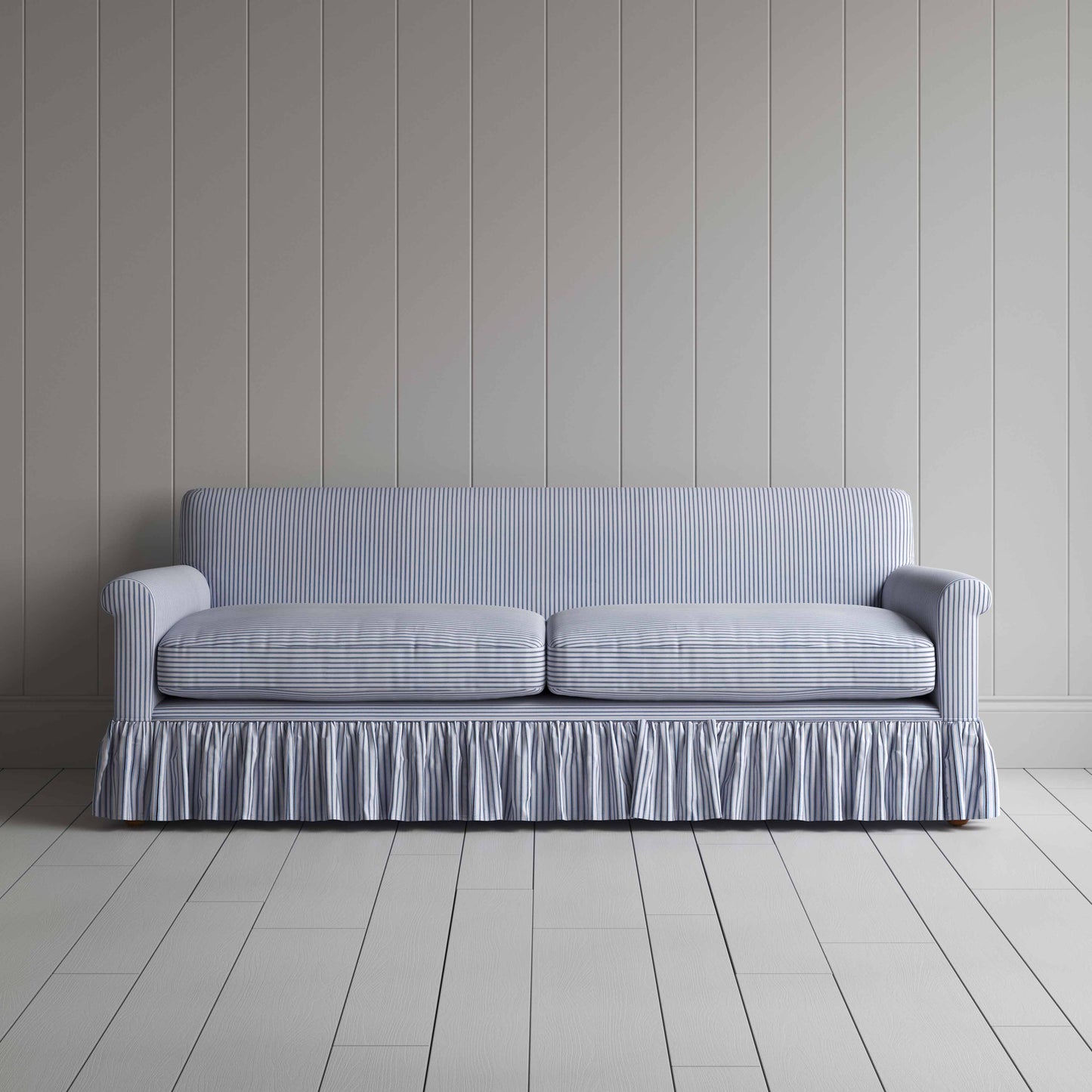 Curtain Call 4 Seater Sofa in Ticking Cotton, Aqua Brown - Nicola Harding