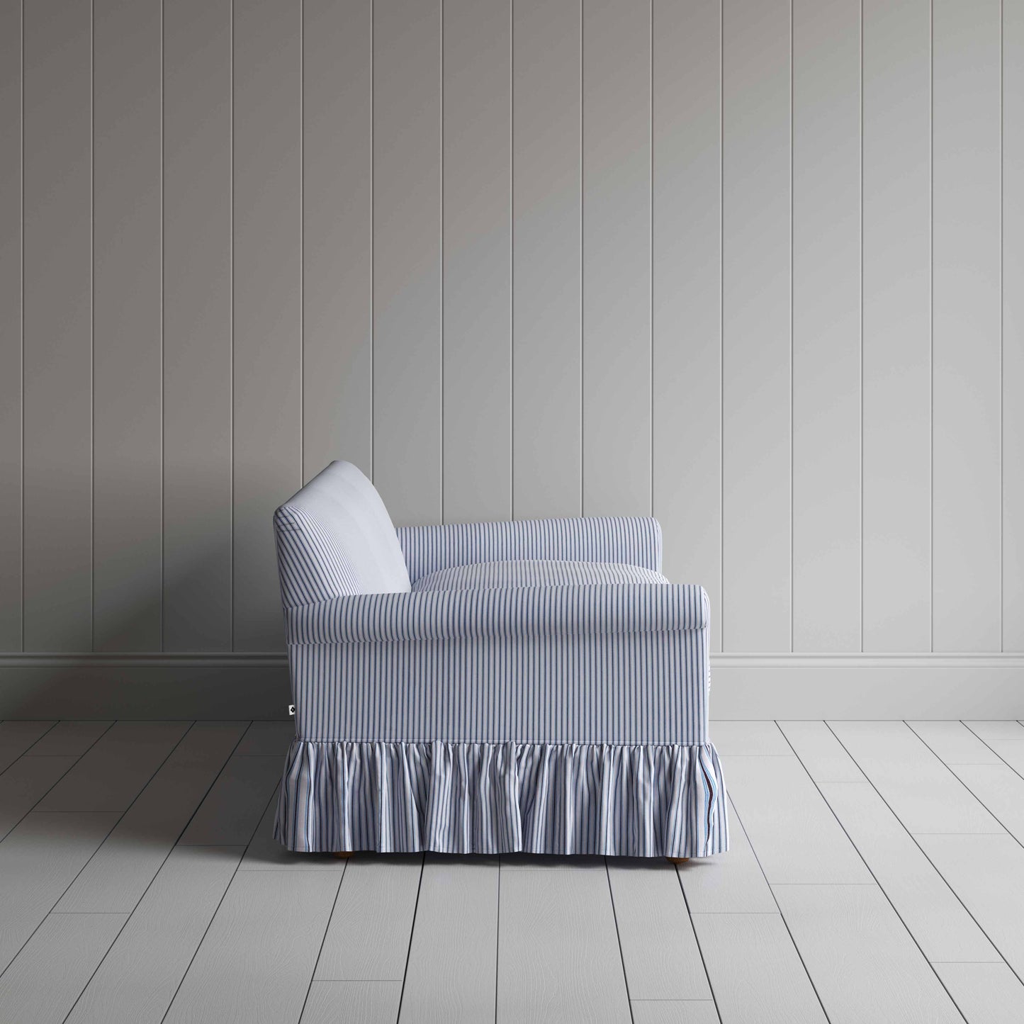 Curtain Call 4 Seater Sofa in Ticking Cotton, Aqua Brown, Side View - Nicola Harding