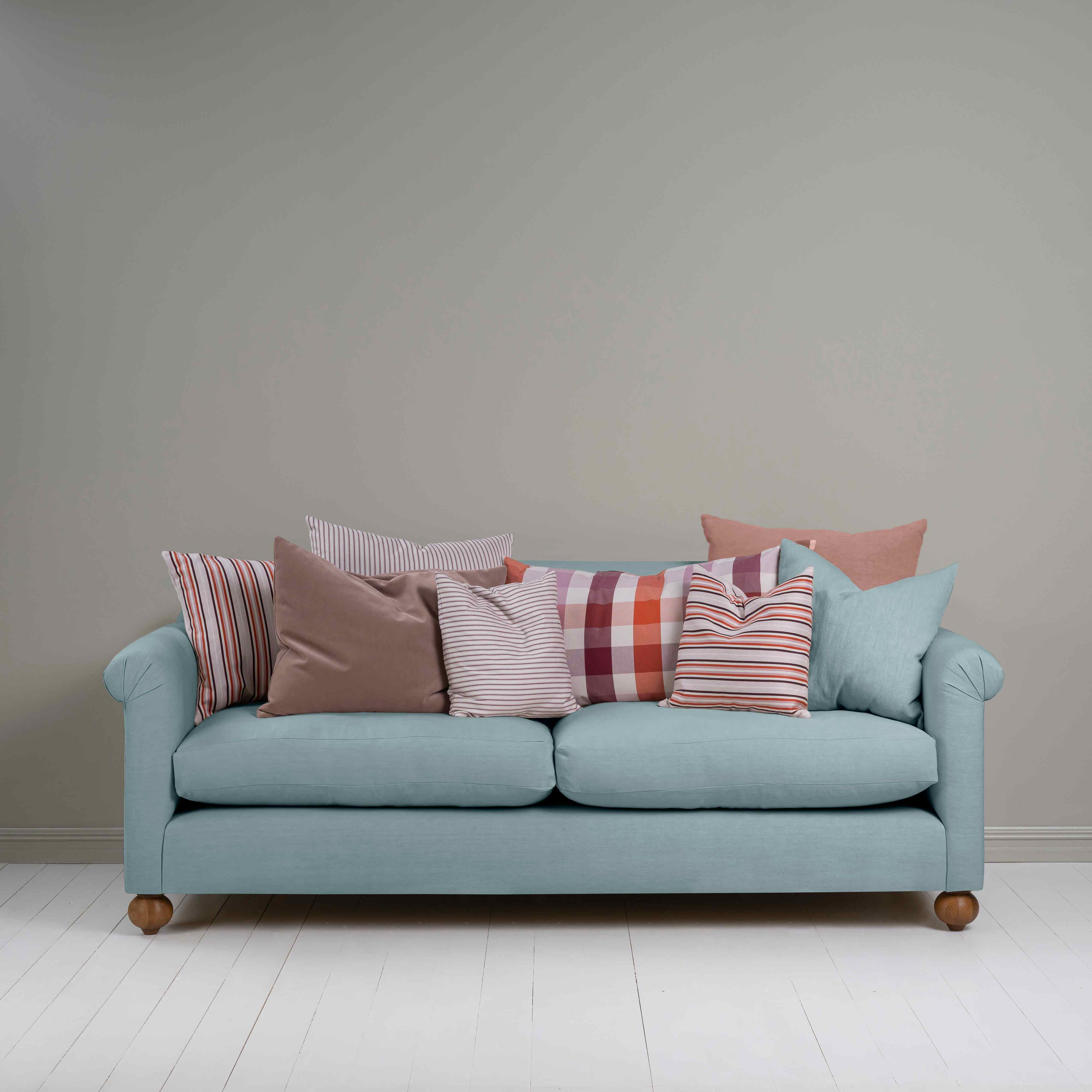  Dolittle 4 seater Sofa in Laidback Linen Cerulean, With Two Rectangular Cushions and Six Square Cushions - Nicola Harding 