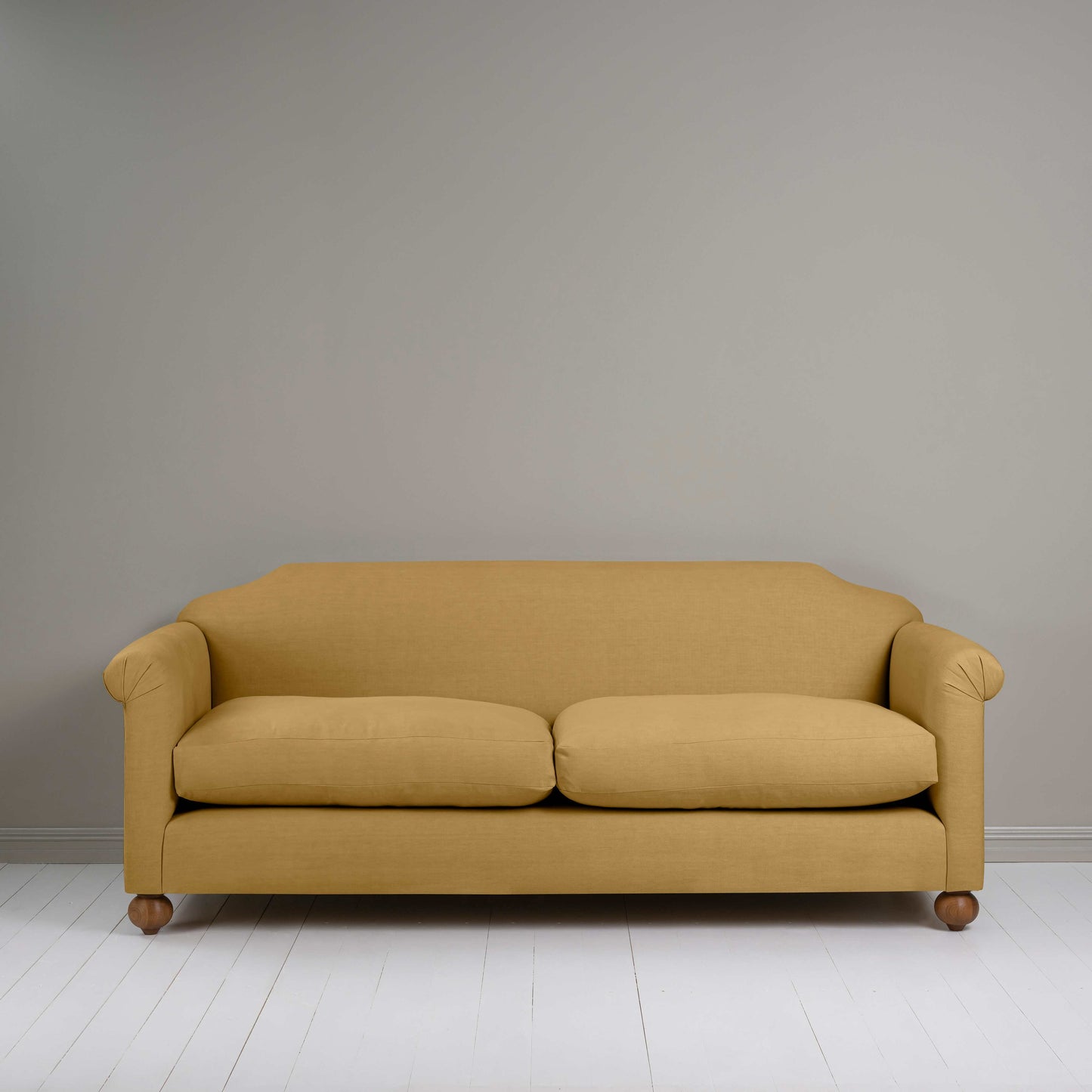 Dolittle 4 seater Sofa in Laidback Linen Ochre, Front View - Nicola Harding