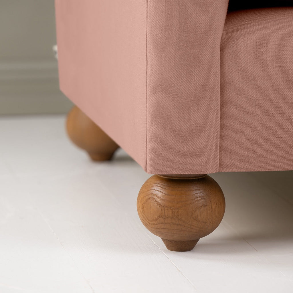  Dolittle 4 seater Sofa in Laidback Linen Roseberry, Round Wooden Feet Closeup - Nicola Harding 