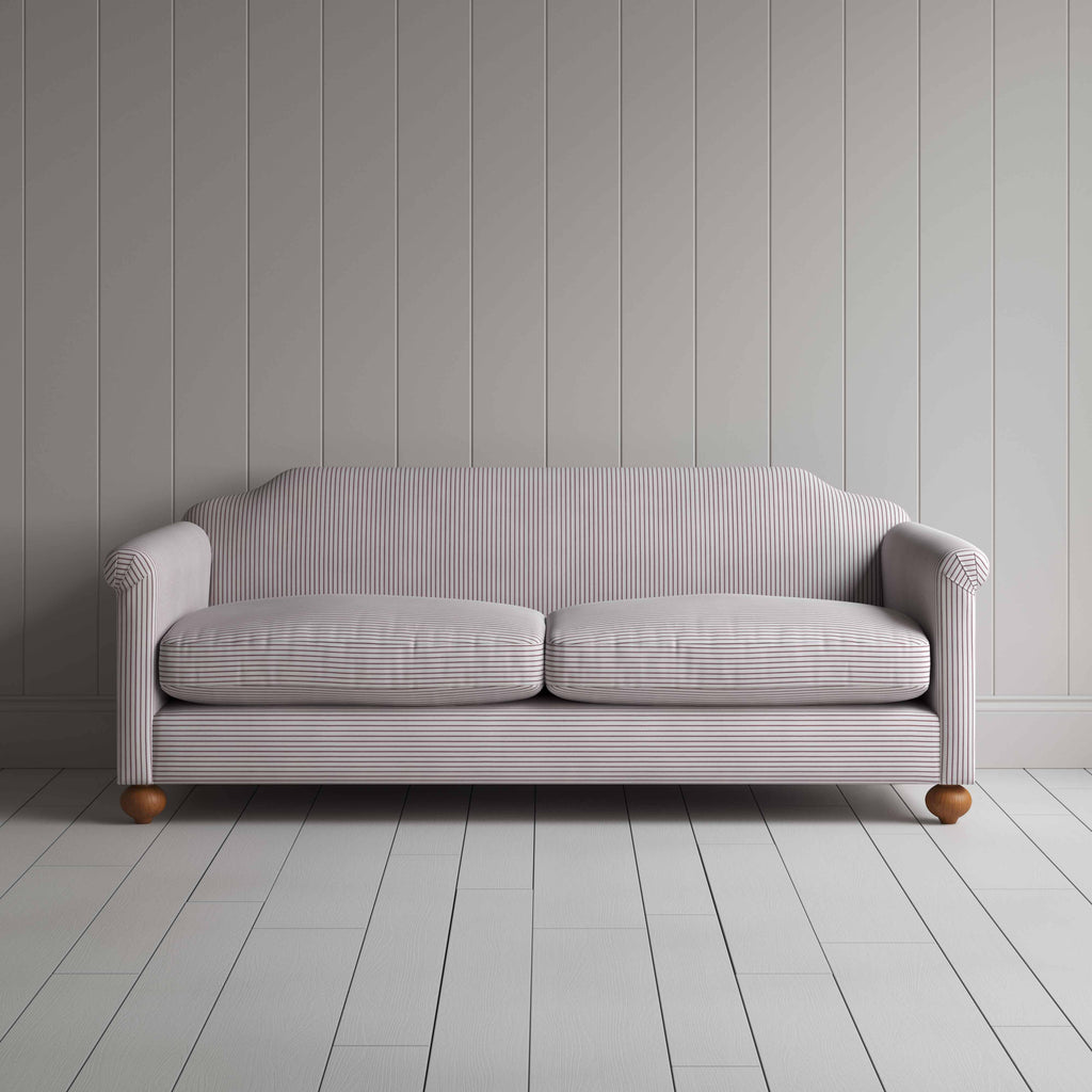  Dolittle 4-Seater Sofa in Ticking Cotton, Berry, Front View - Nicola Harding 