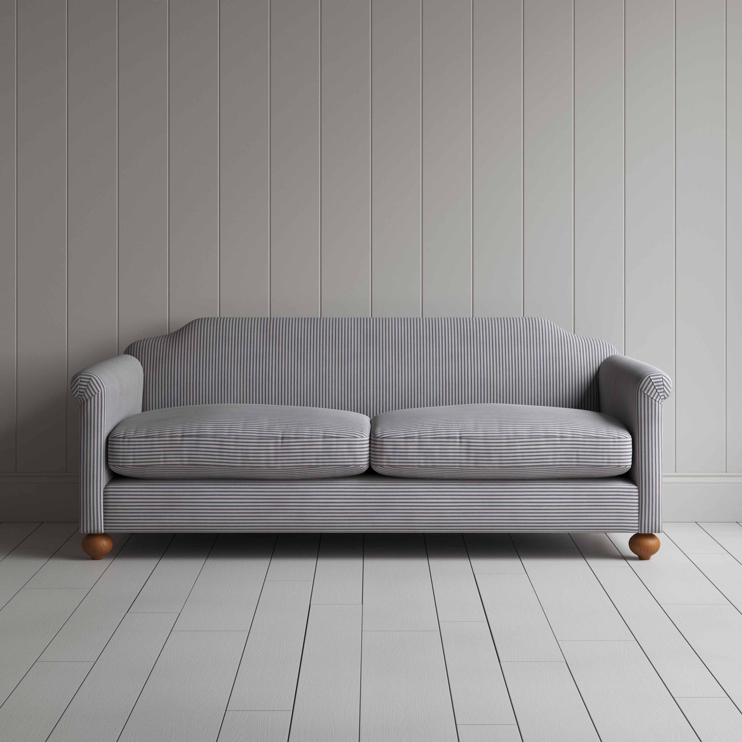 Dolittle 4 Seater Sofa in Ticking Cotton, Blue Brown, Front View - Nicola Harding