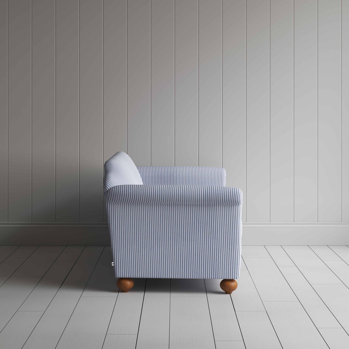 Dolittle 4-Seater Sofa in Ticking Cotton, Aqua Brown, Side View - Nicola Harding