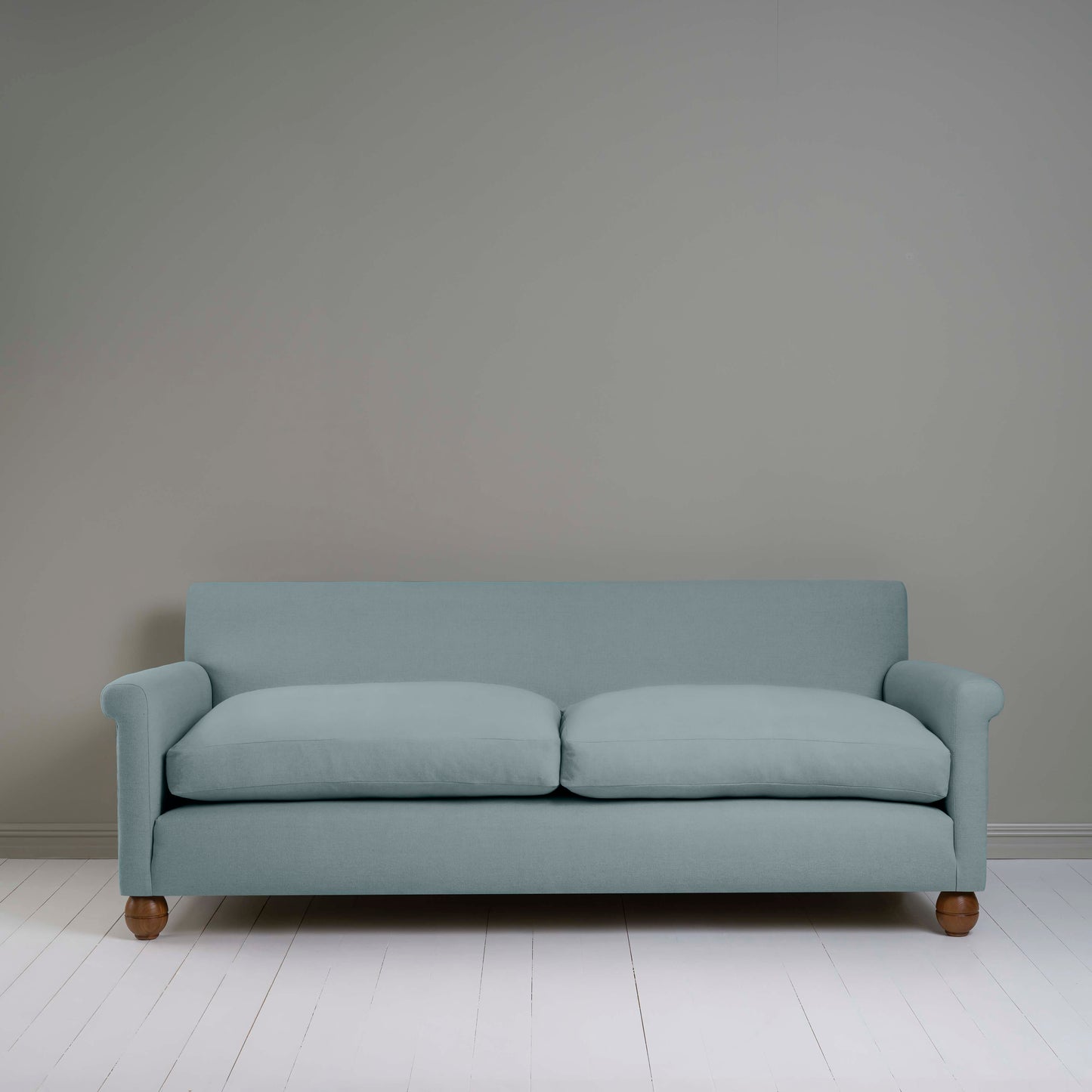 Front View 4 seater sofa in Laidback Linen Cerulean - Nicola Harding & Co.