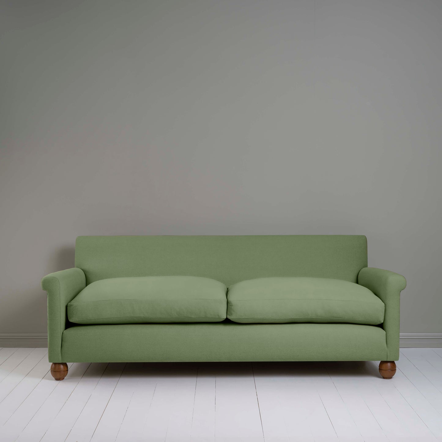 Front View of 4 seater sofa in Laidback Linen Moss - Nicola Harding & Co.