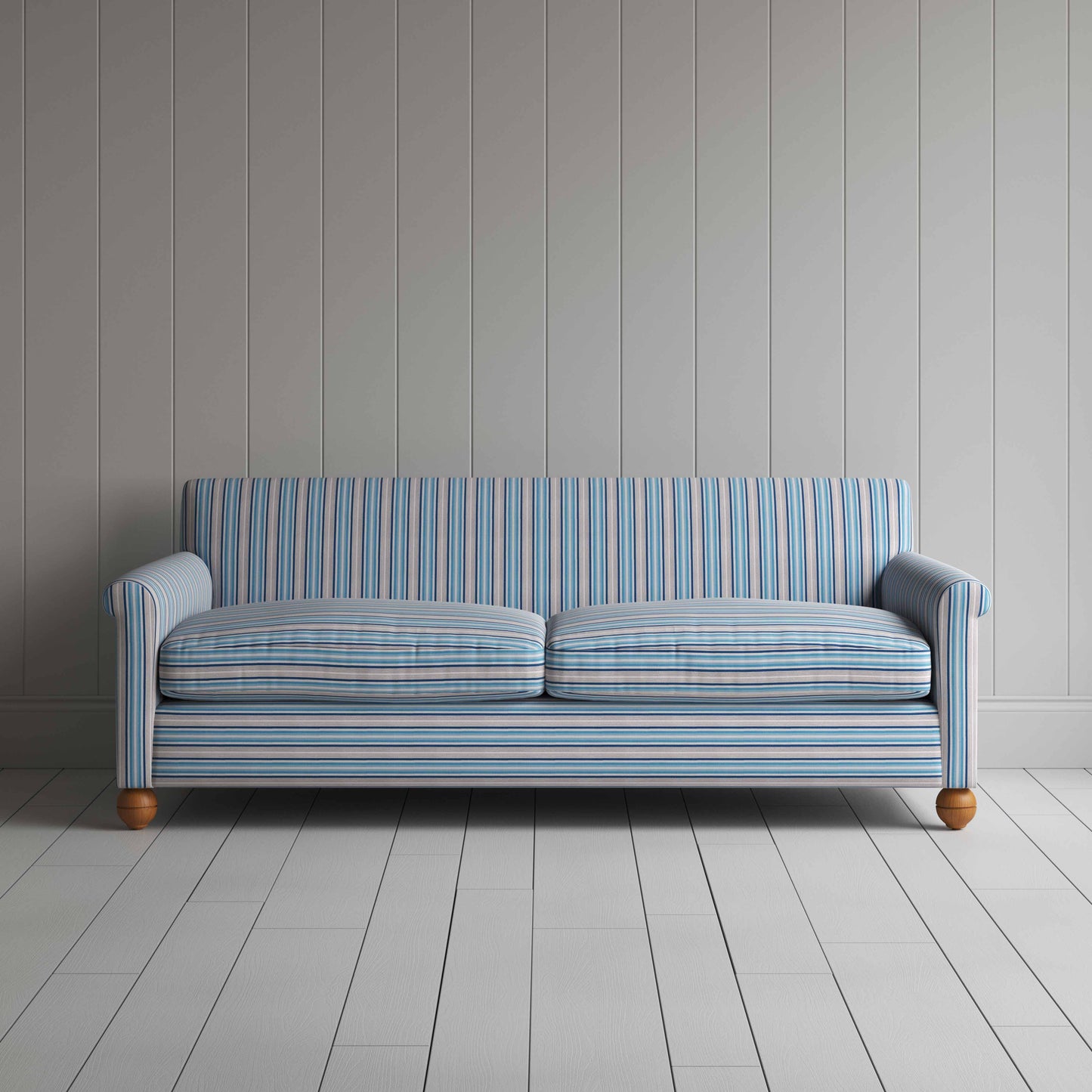 Front View of 4 Seater Sofa in Slow Lane Cotton Linen, Blue - Nicola Harding