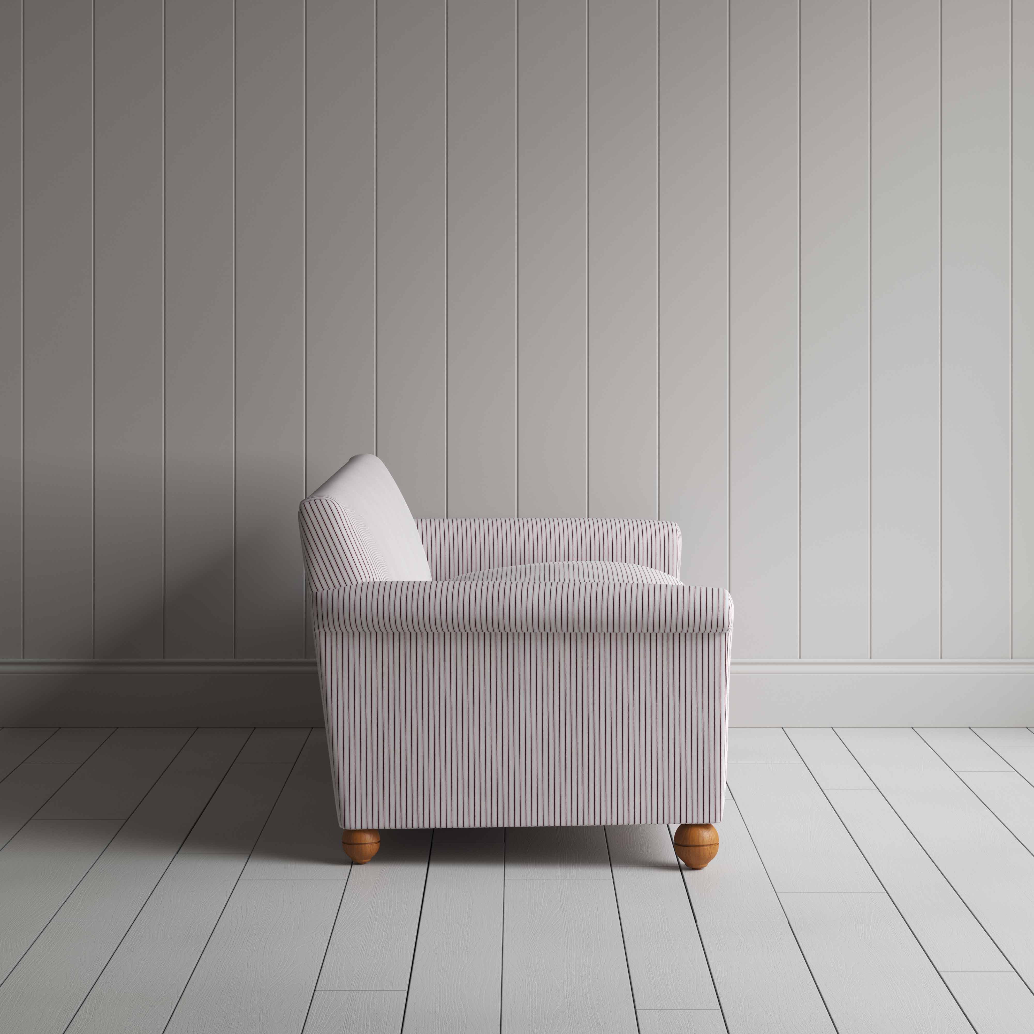  Idler 4 Seater Sofa in Ticking Cotton, Berry, Side View - Nicola Harding 